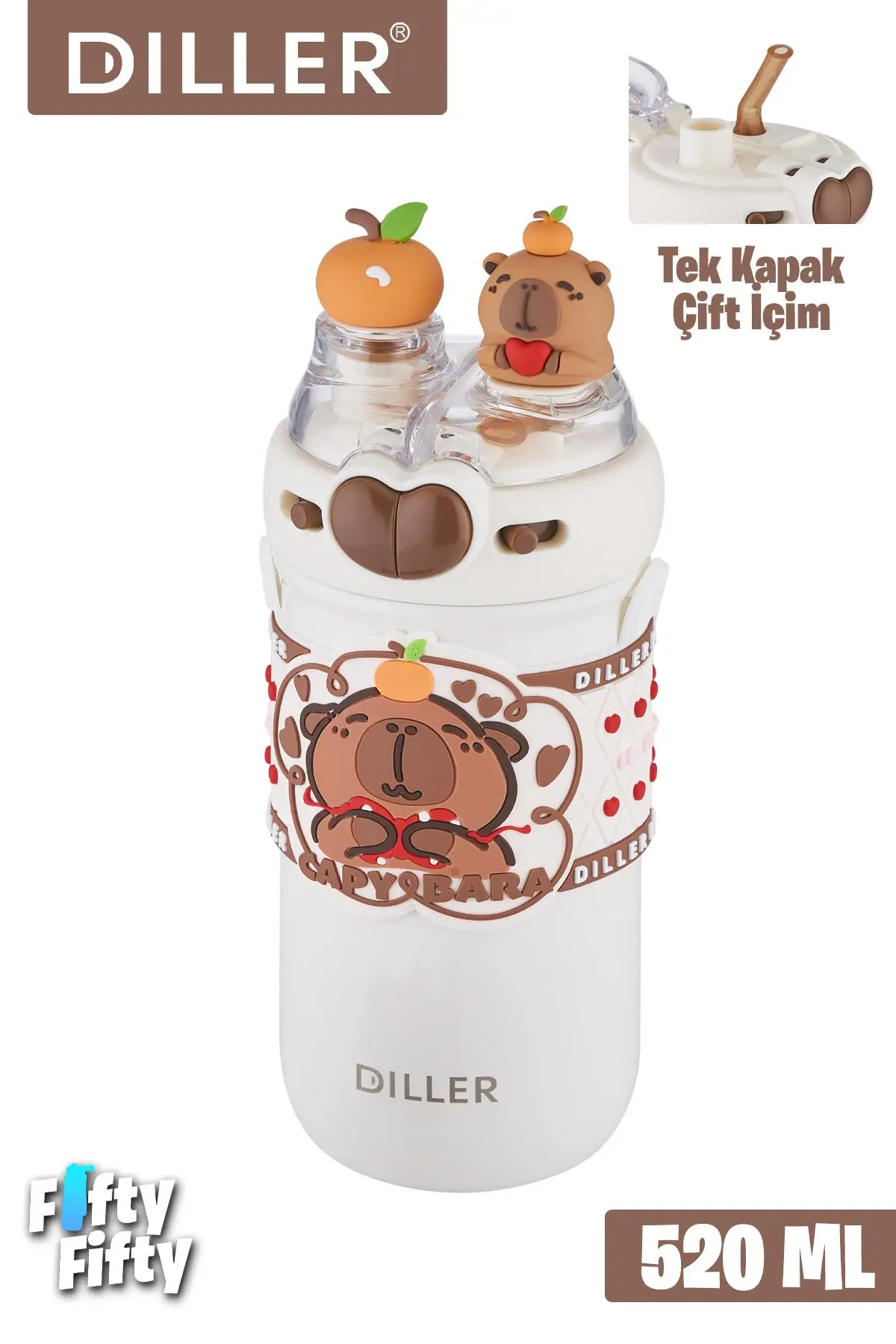 DILLER 520 ML Tek Kapak Çift Kullanım Pipetli/Pipetsiz Boyun Askılı/Çelik Termos -FFDILLERD93RENK - Kahverengi
