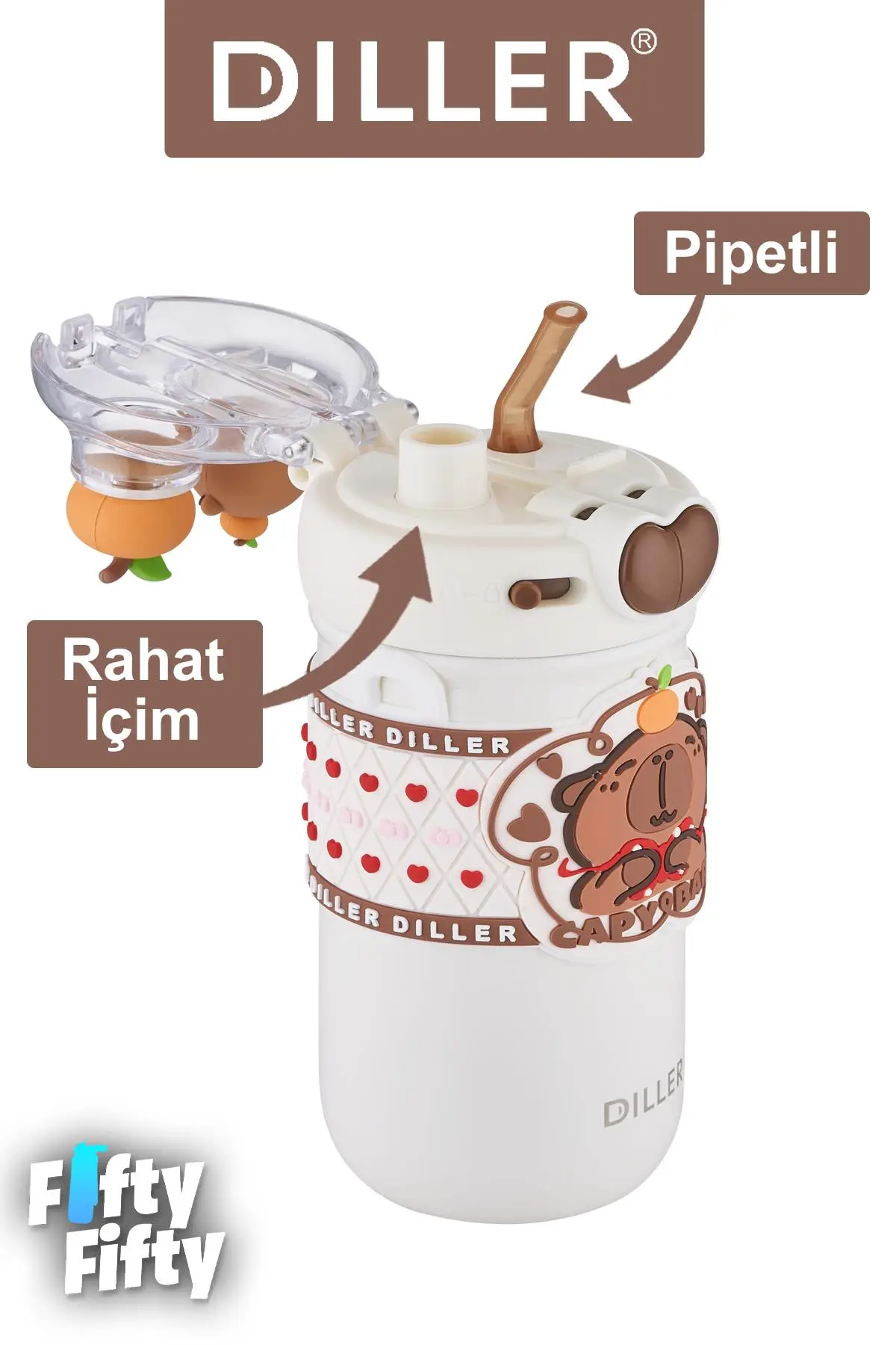 DILLER 520 ML Tek Kapak Çift Kullanım Pipetli/Pipetsiz Boyun Askılı/Çelik Termos -FFDILLERD93RENK