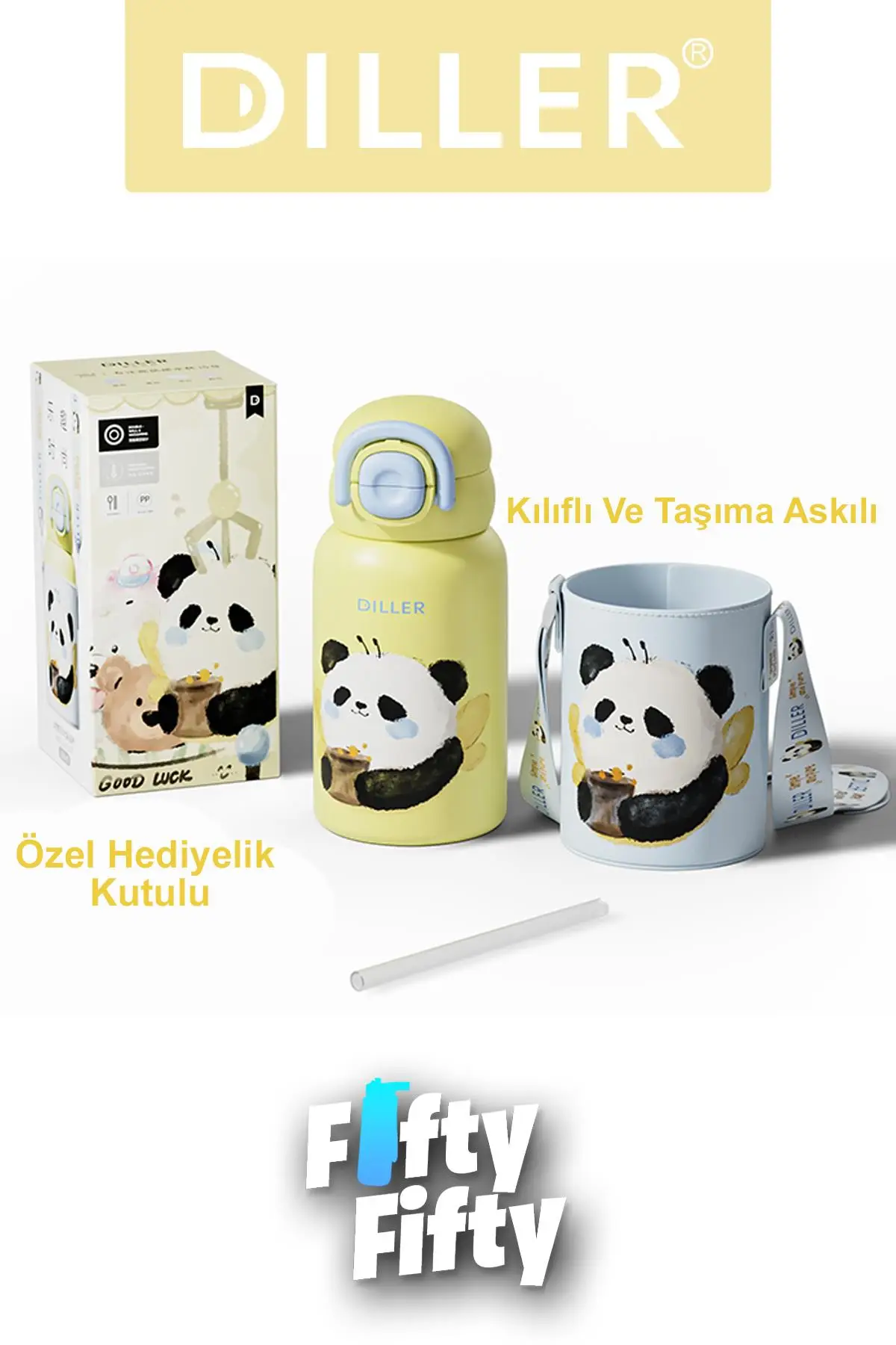 DILLER 520 ML Tek Kapak Çift Kullanım Pipetli/Pipetsiz Kılıflı-Askılı Çelik Su Matarası -FFDILLERD9241