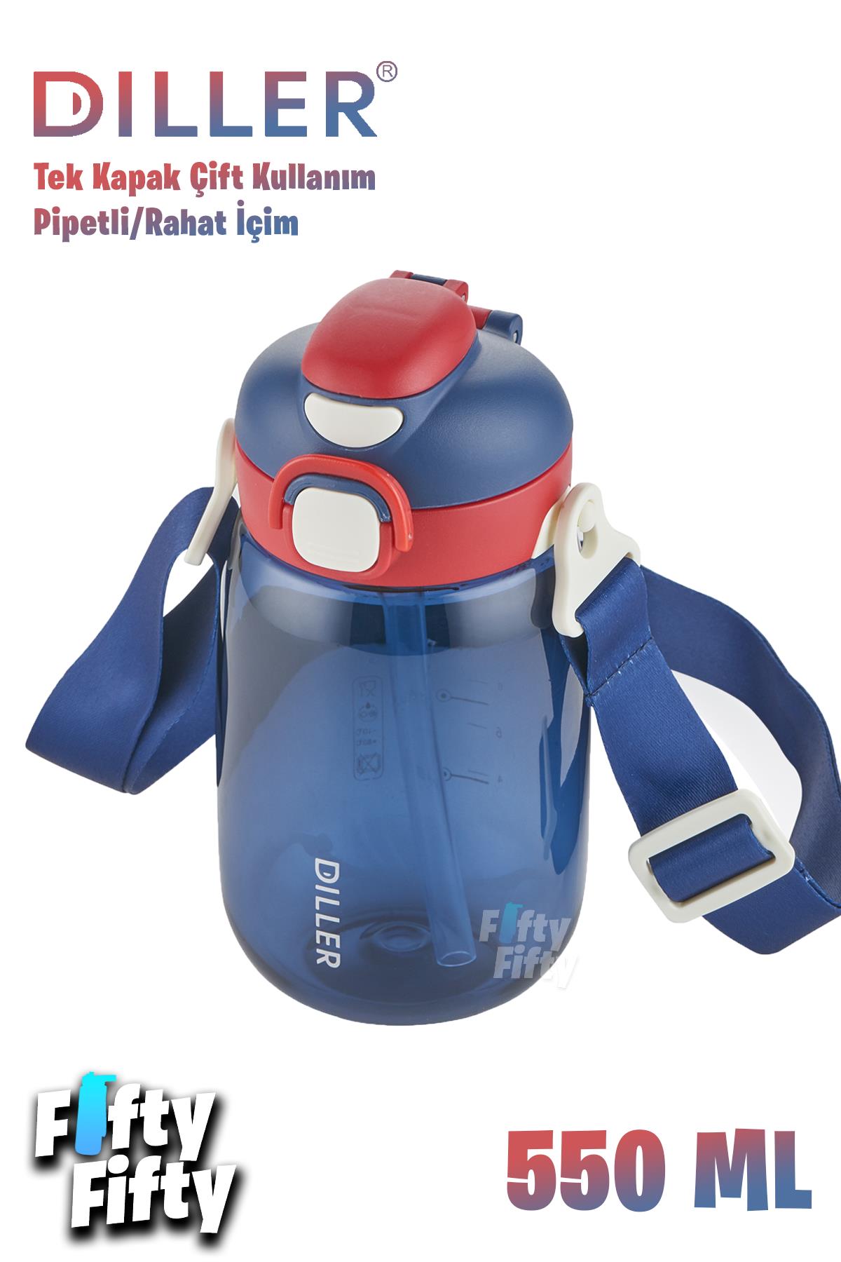 DILLER 550 ML Tek Kapak Çift Kullanım Pipetli/Pipetsiz Askılı Tritan Su Matarası-FFDILLERD70-550 - Lacivert