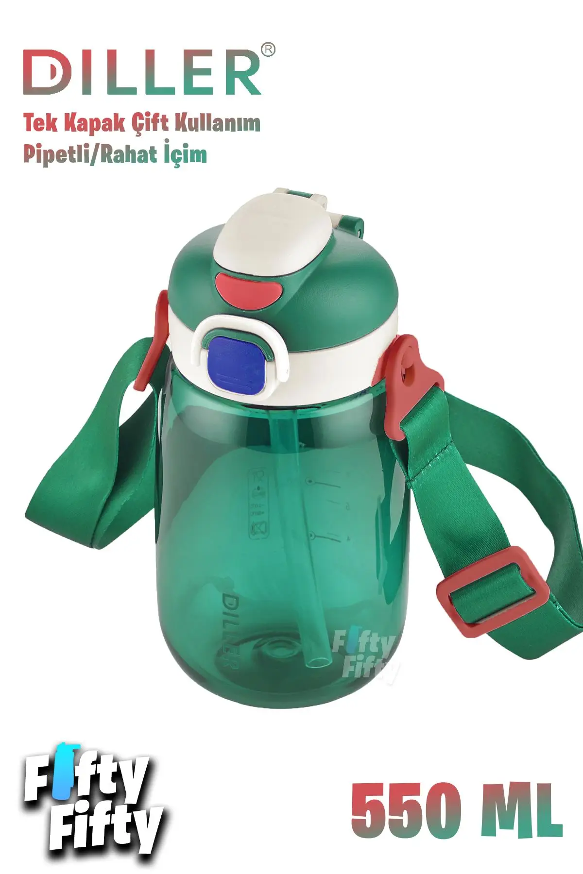DILLER 550 ML Tek Kapak Çift Kullanım Pipetli/Pipetsiz Askılı Tritan Su Matarası-FFDILLERD70-550 - Yeşil