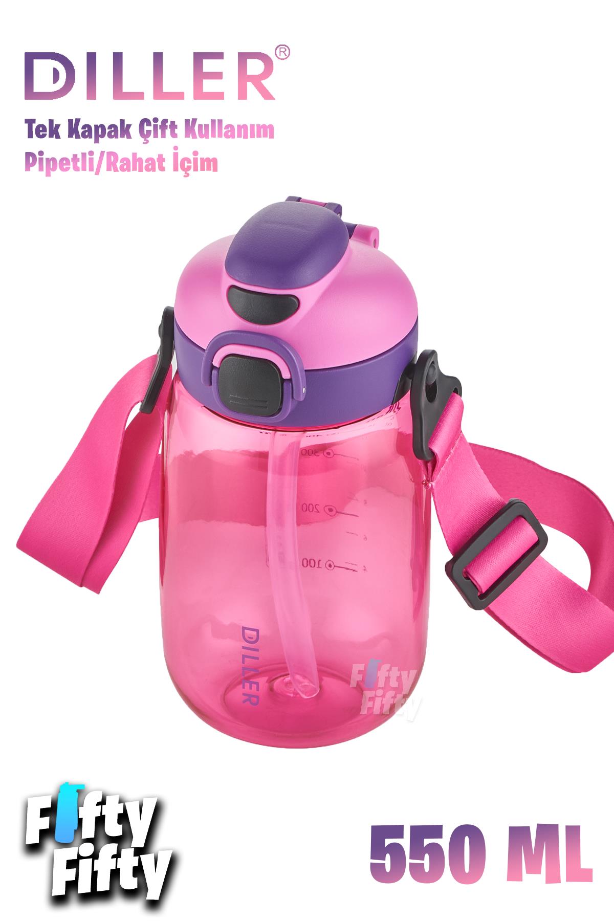 DILLER 550 ML Tek Kapak Çift Kullanım Pipetli/Pipetsiz Askılı Tritan Su Matarası-FFDILLERD70-550 - Pembe