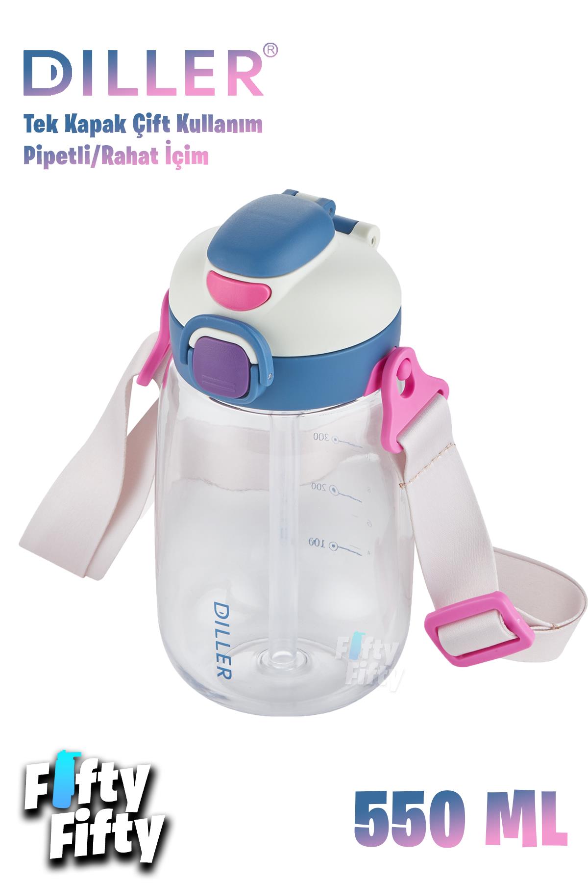 DILLER 550 ML Tek Kapak Çift Kullanım Pipetli/Pipetsiz Askılı Tritan Su Matarası-FFDILLERD70-550 - Beyaz