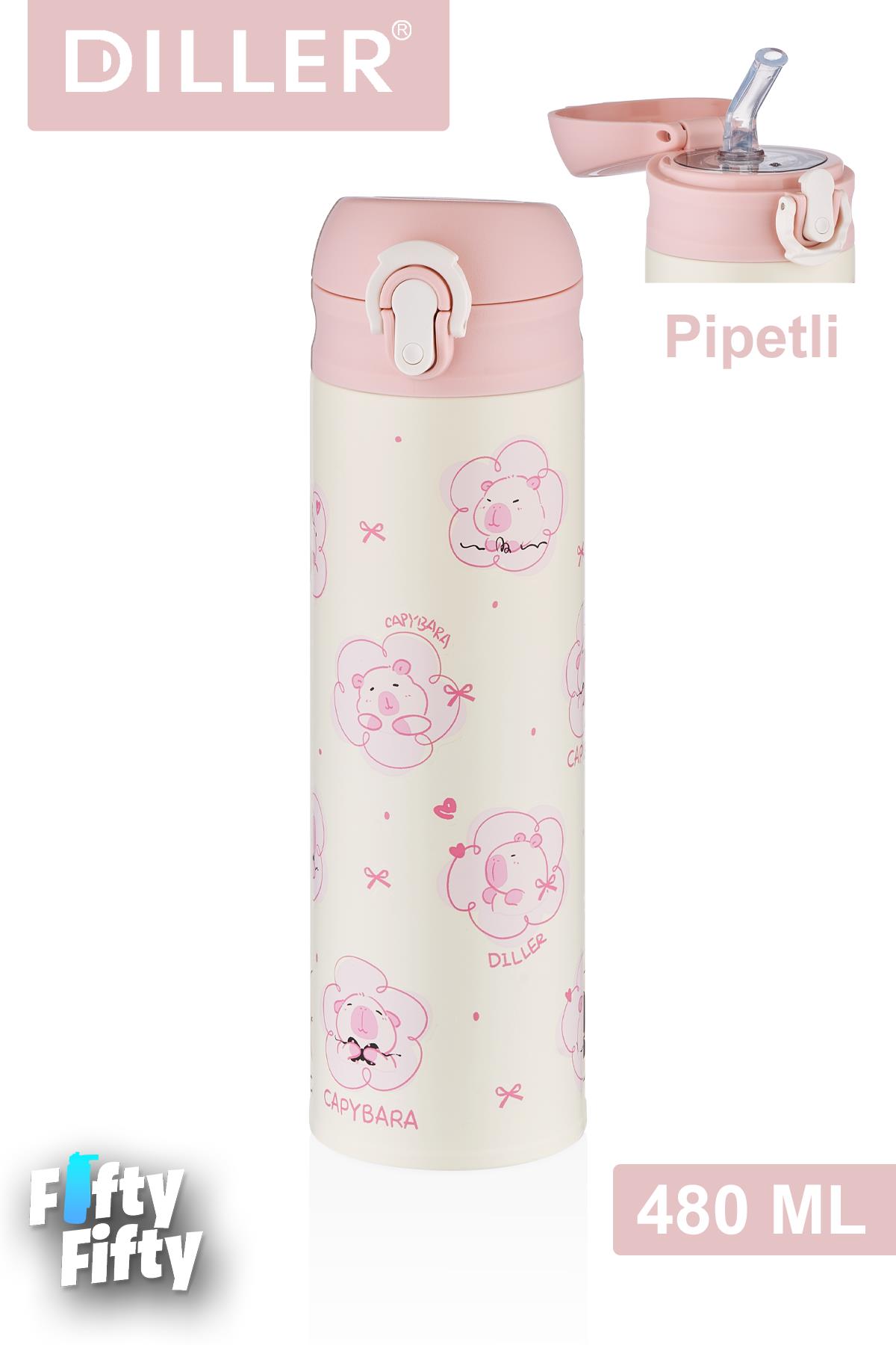 DILLER 480 ML Pipetli Paslanmaz Çelik Termos Kilitli Kapak 2 Farklı Renk Seçeneği -FFDILLERD9281 - Pudra