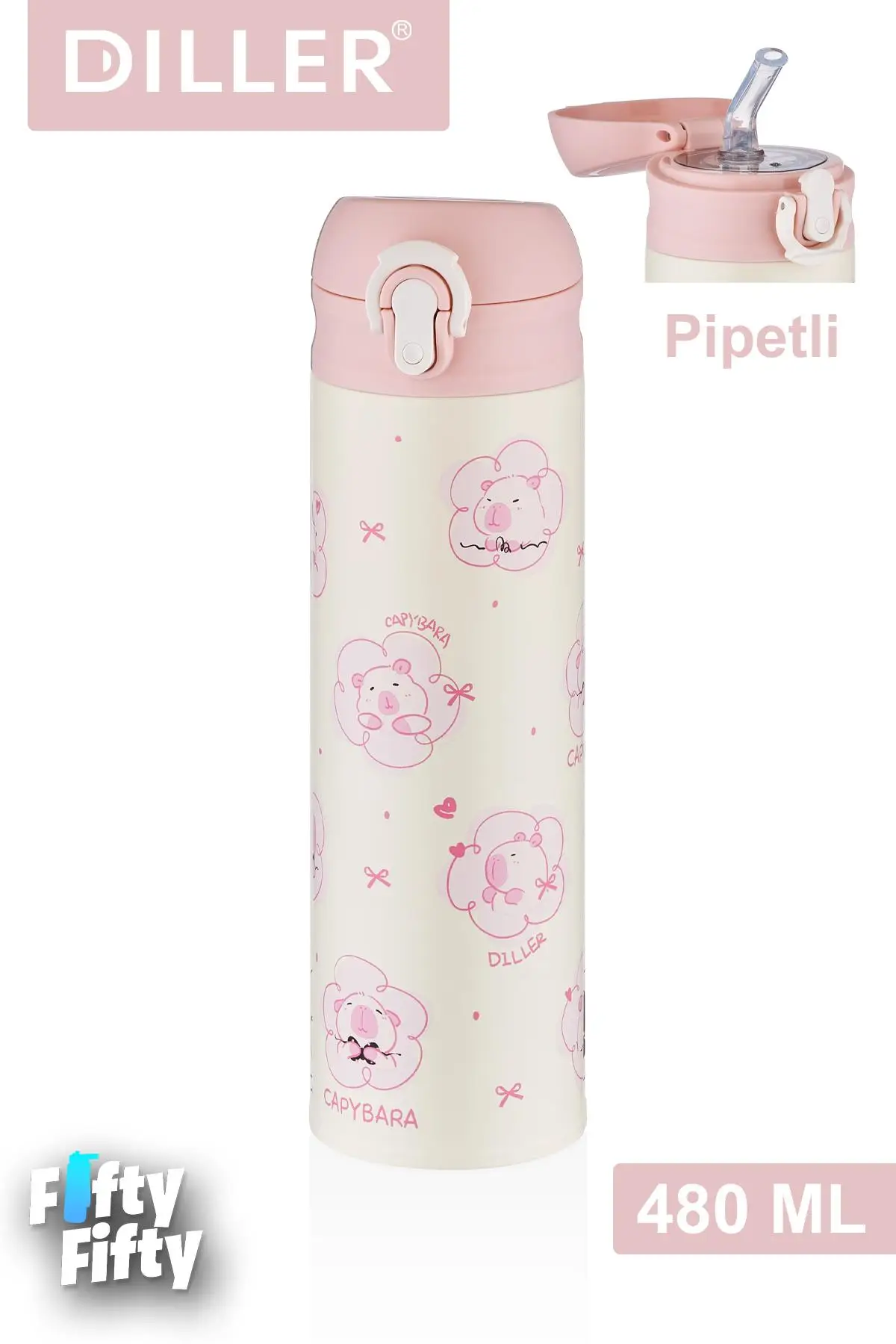 DILLER 480 ML Pipetli Paslanmaz Çelik Termos Kilitli Kapak 2 Farklı Renk Seçeneği -FFDILLERD9281 - Pudra