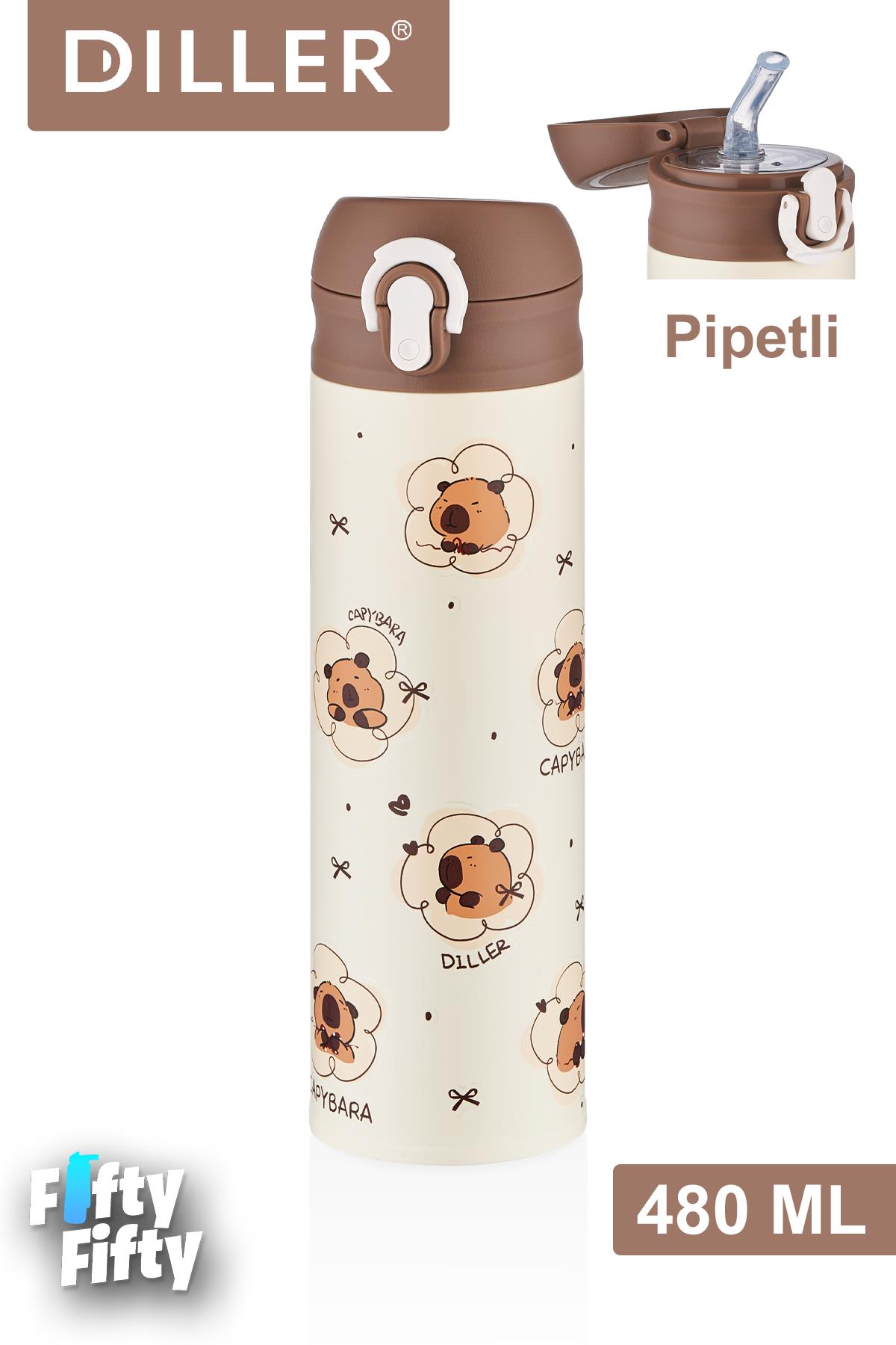 DILLER 480 ML Pipetli Paslanmaz Çelik Termos Kilitli Kapak 2 Farklı Renk Seçeneği -FFDILLERD9281 - Kahverengi