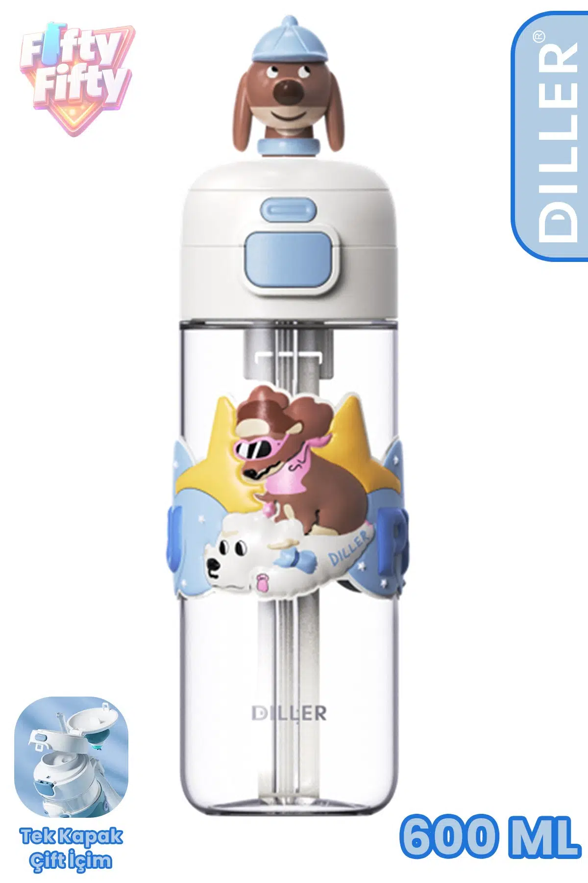 DILLER 600 ML Pipetli & Rahat İçim Çift Kullanım Tritan Su matarası Suluk -FFD600RENK3 - Mavi