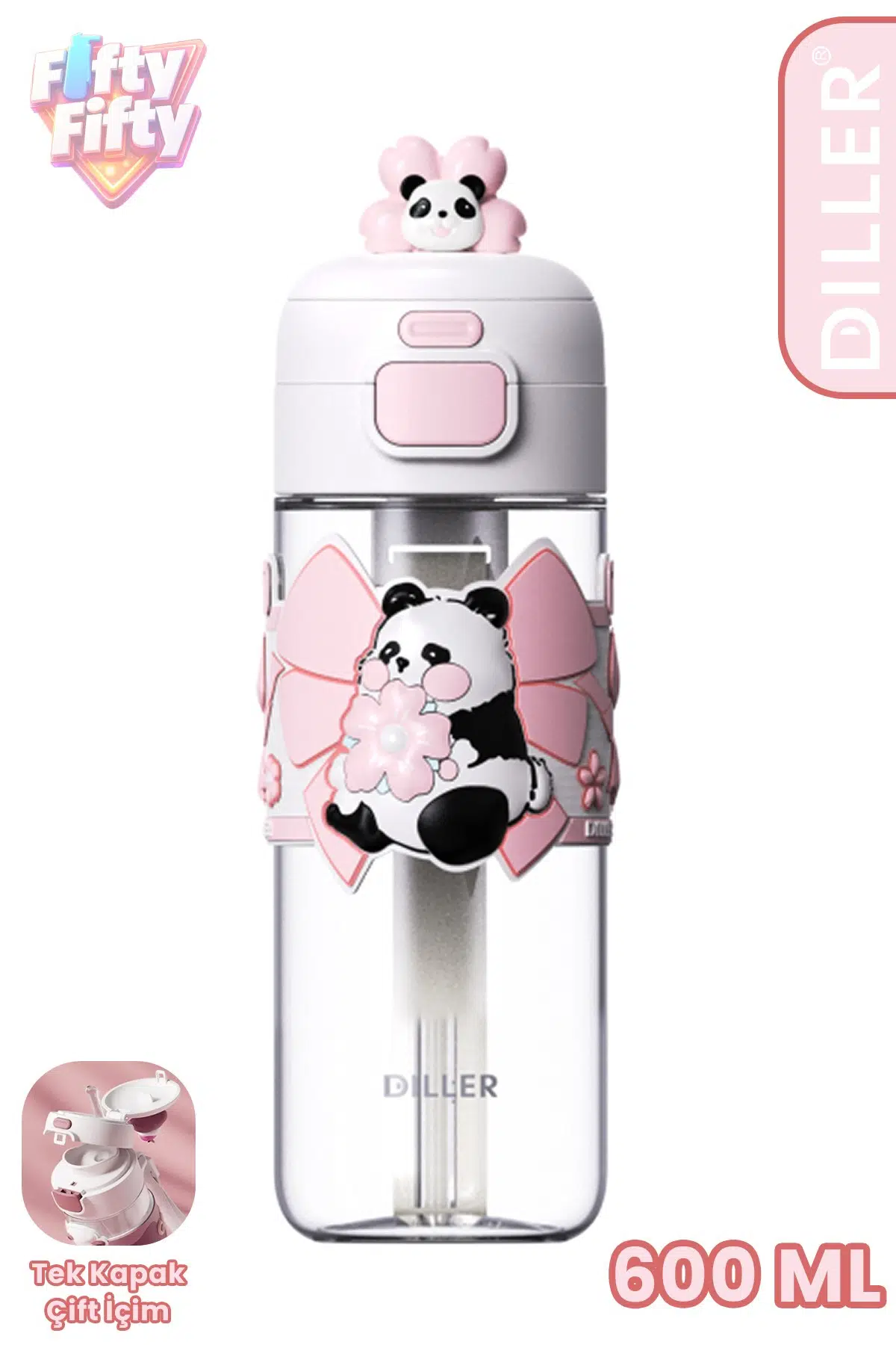 DILLER 600 ML Pipetli & Rahat İçim Çift Kullanım Tritan Su matarası Suluk -FFD600RENK3 - Pembe
