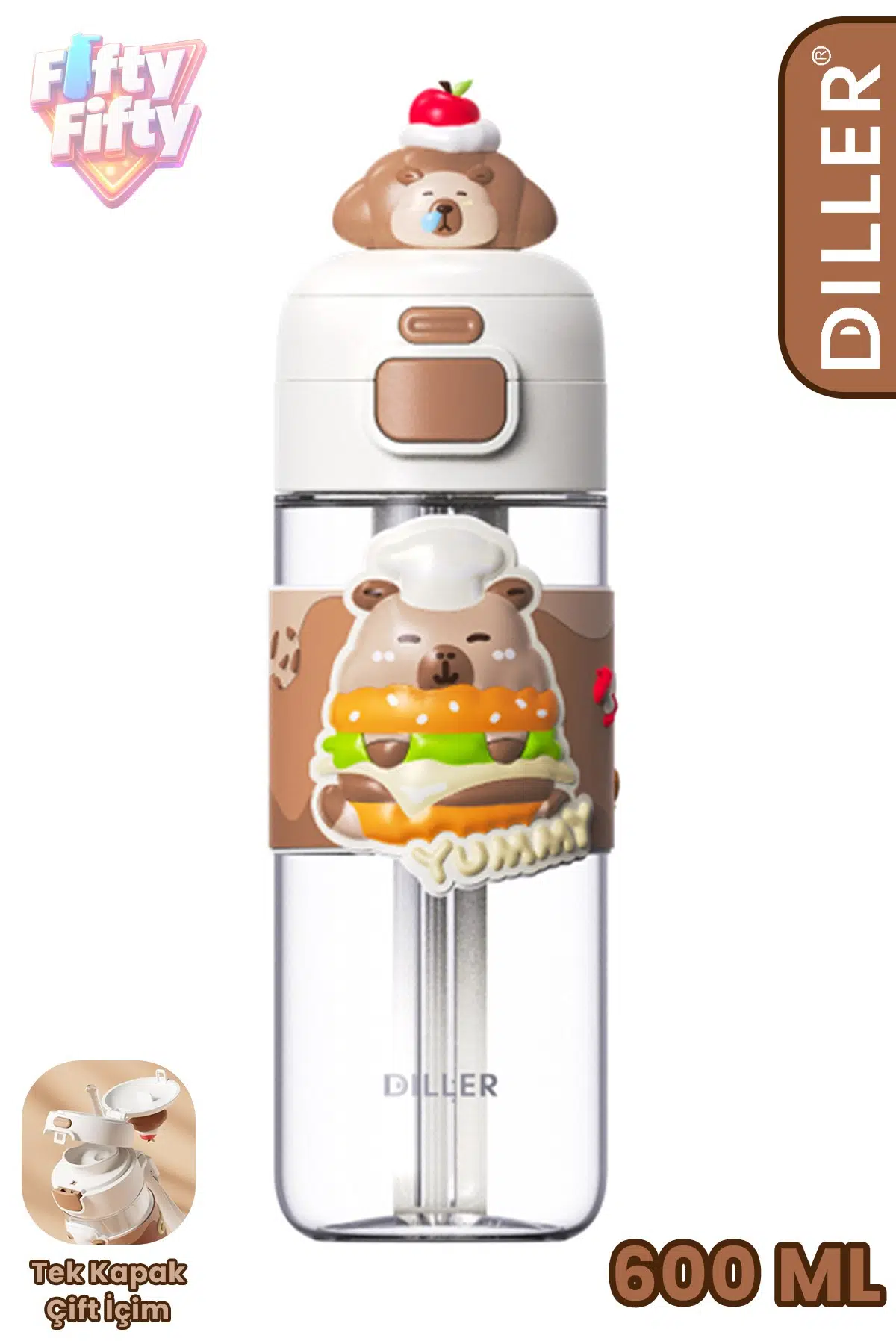 DILLER 600 ML Pipetli & Rahat İçim Çift Kullanım Tritan Su matarası Suluk -FFD600RENK3