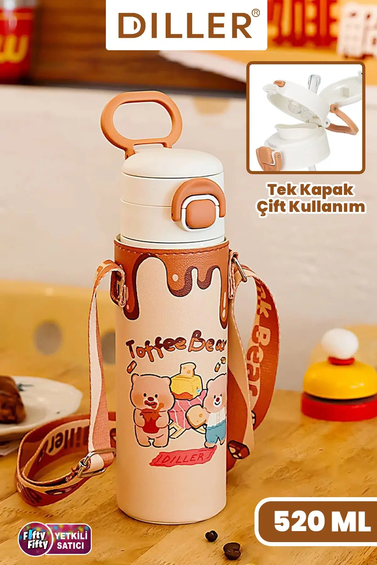 DILLER 520 ML Kılıflı Tek Kapak Çift Kullanım Pipetli/Pipetsiz Taşıma El Askılı Vacum Cup/Çelik Termos -D9260ML520