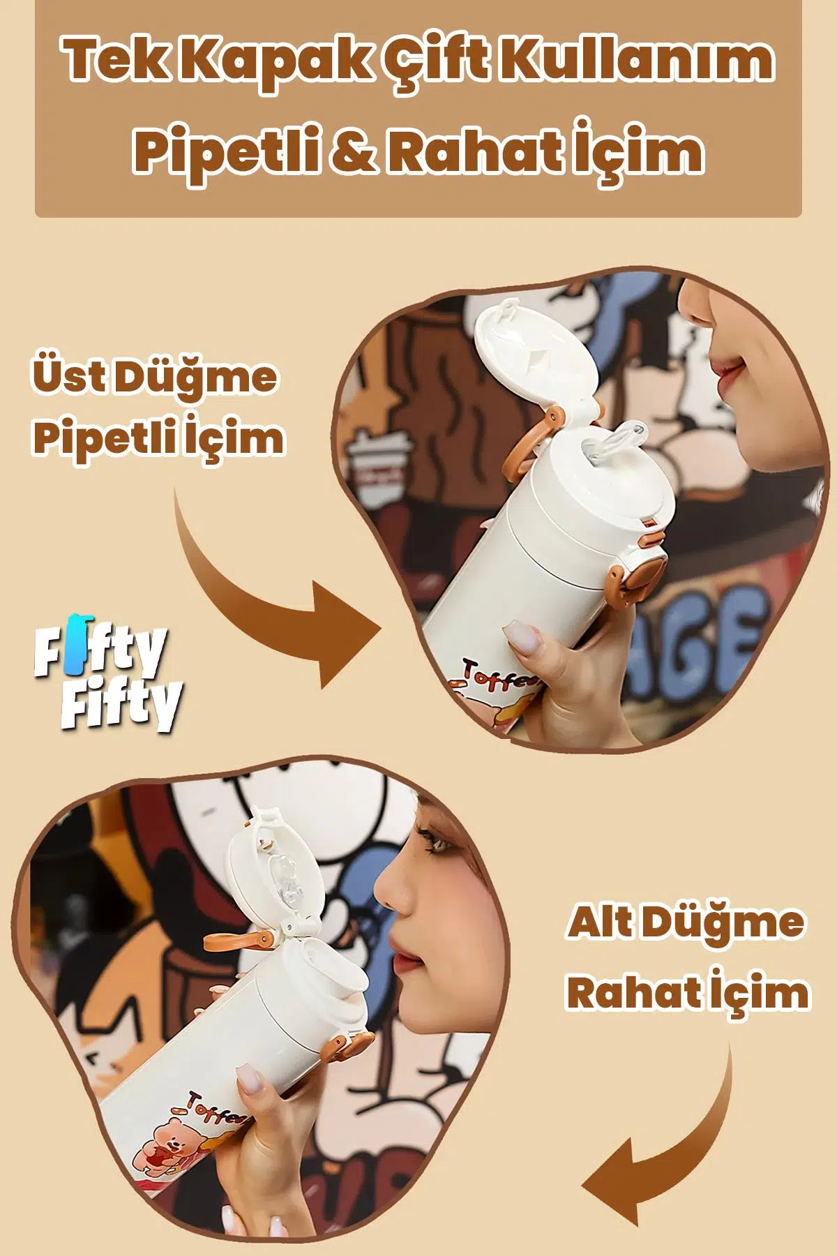 DILLER 520 ML Kılıflı Tek Kapak Çift Kullanım Pipetli/Pipetsiz Taşıma El Askılı Vacum Cup/Çelik Termos -D9260ML520