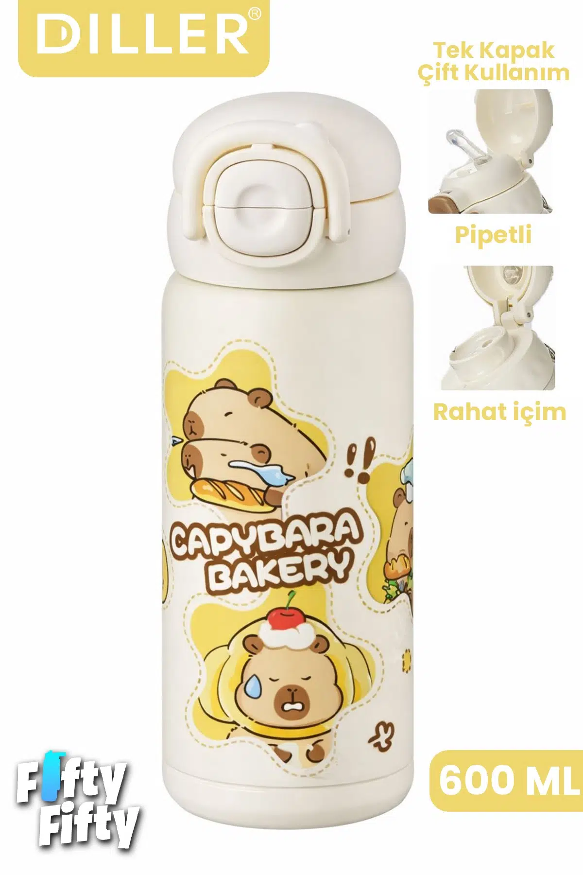 DILLER 600 ML Kapibara Desenli Tek Kapak Çift Kullanım Pipetli Pipetsiz Taşıma Kulplu Çelik Termos -DFF9361NEW600