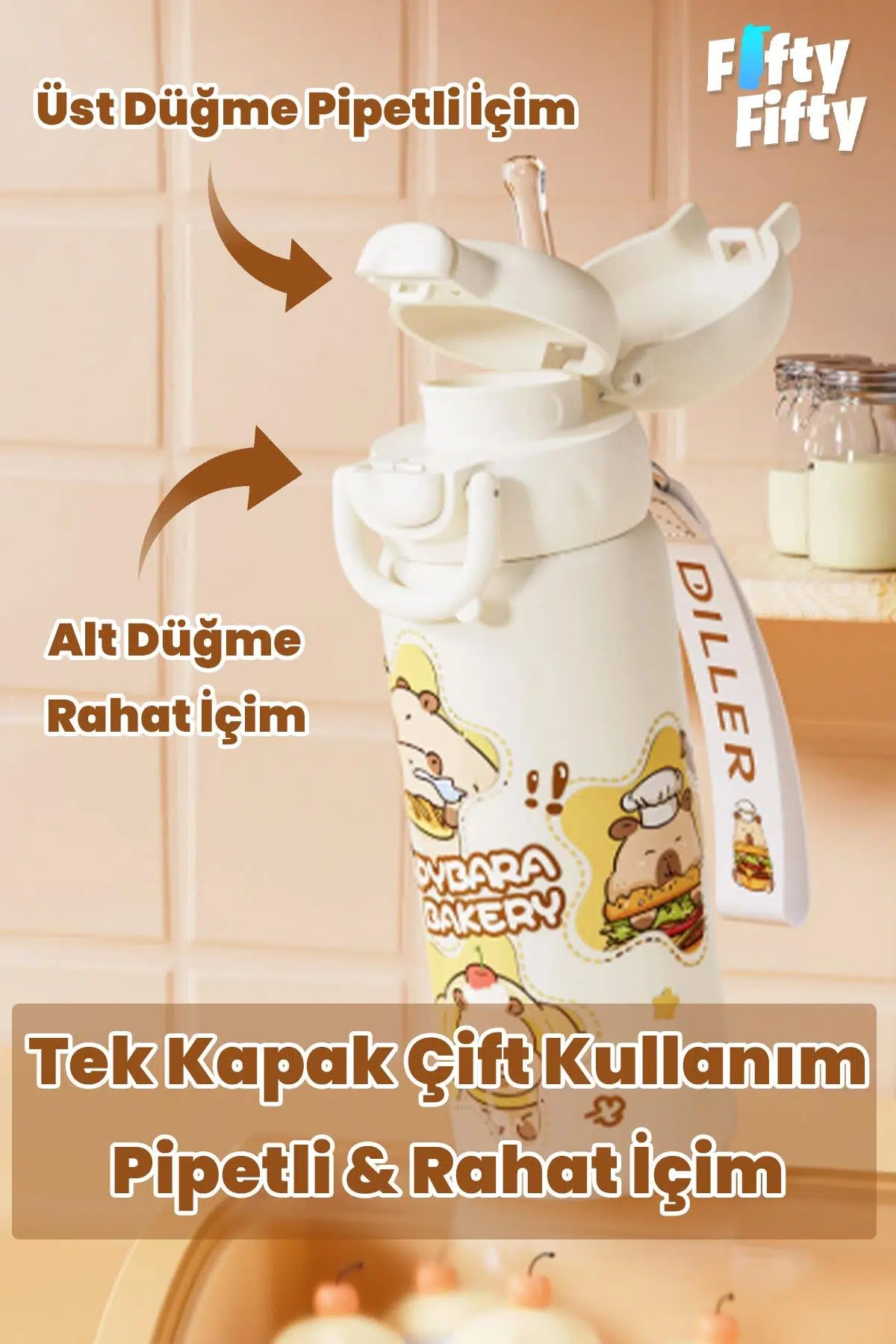 DILLER 600 ML Kapibara Desenli Tek Kapak Çift Kullanım Pipetli Pipetsiz Taşıma Kulplu Çelik Termos -DFF9361NEW600