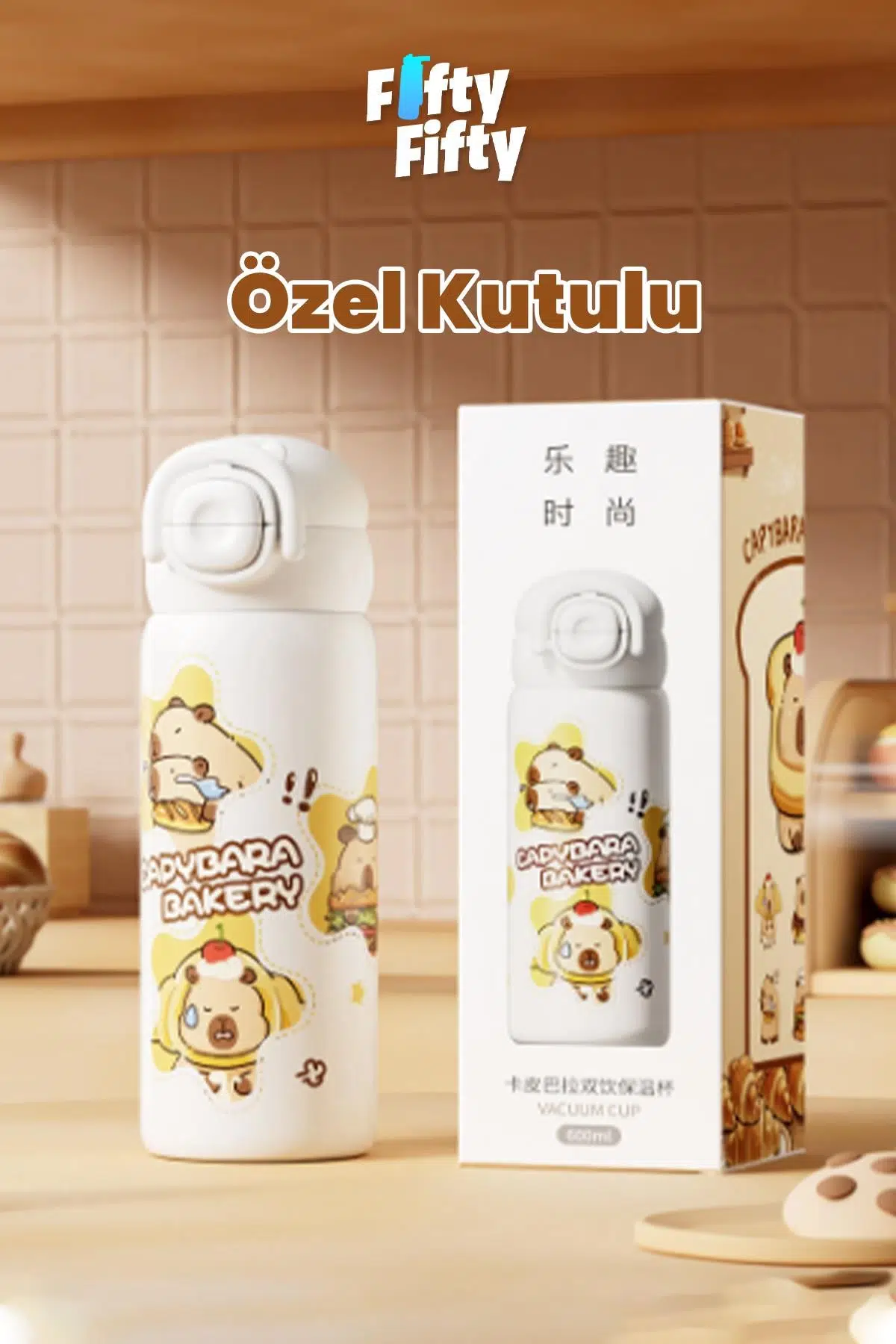 DILLER 600 ML Kapibara Desenli Tek Kapak Çift Kullanım Pipetli Pipetsiz Taşıma Kulplu Çelik Termos -DFF9361NEW600