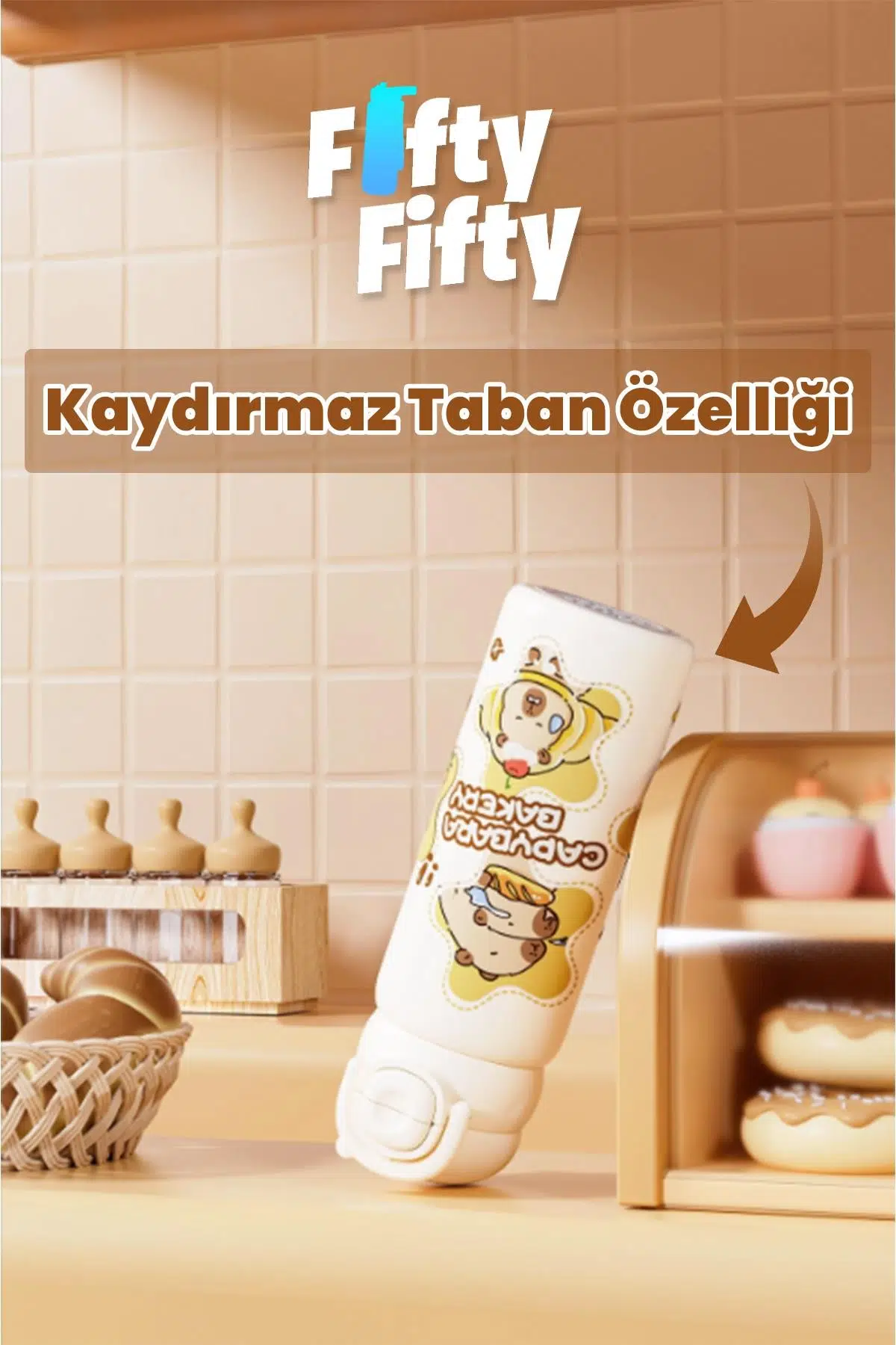 DILLER 600 ML Kapibara Desenli Tek Kapak Çift Kullanım Pipetli Pipetsiz Taşıma Kulplu Çelik Termos -DFF9361NEW600