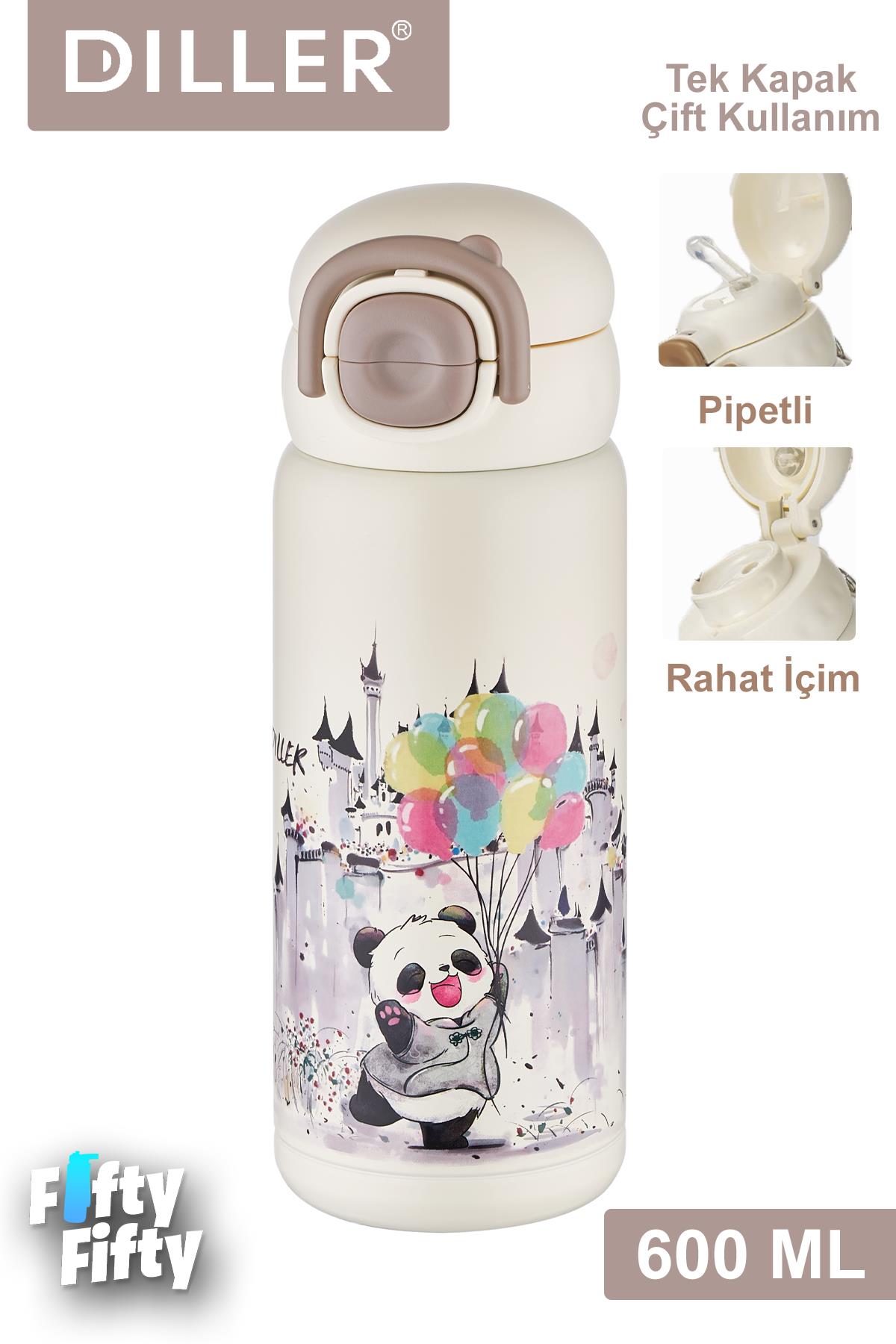 DILLER 600 ML Tek Kapak Çift Kullanım Pipetli/Pipetsiz Taşıma Kulplu Vacum Cup/Çelik Termos -FFDILLERD9252