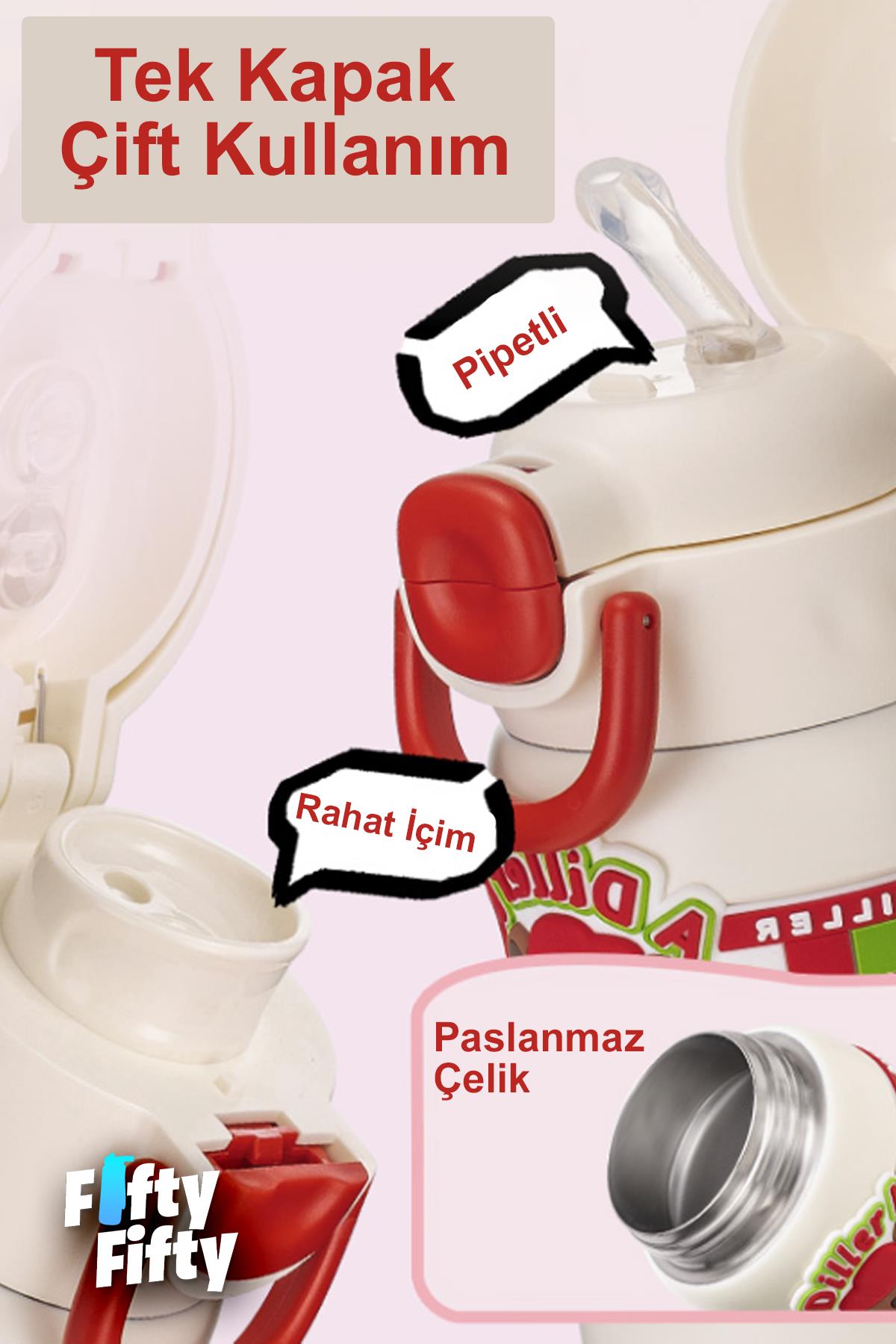 DILLER 600 ML Tek Kapak Çift Kullanım Pipetli/Pipetsiz Taşıma Kulplu Vacum Cup/Çelik Termos -FFDILLERD9238