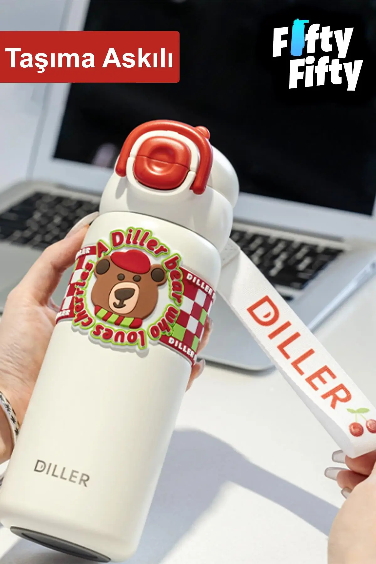 DILLER 600 ML Tek Kapak Çift Kullanım Pipetli/Pipetsiz Taşıma Kulplu Vacum Cup/Çelik Termos -FFDILLERD9238