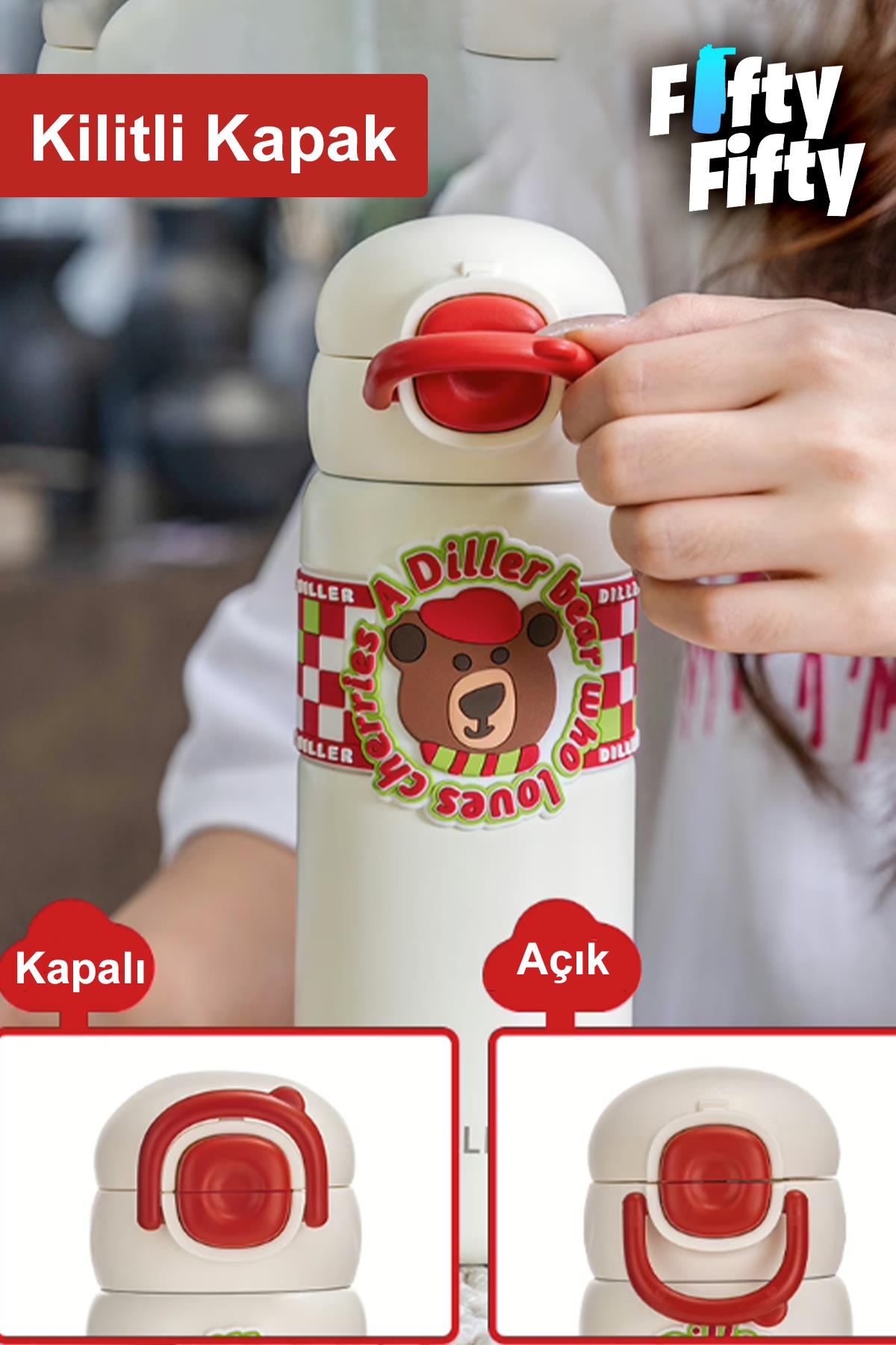 DILLER 600 ML Tek Kapak Çift Kullanım Pipetli/Pipetsiz Taşıma Kulplu Vacum Cup/Çelik Termos -FFDILLERD9238