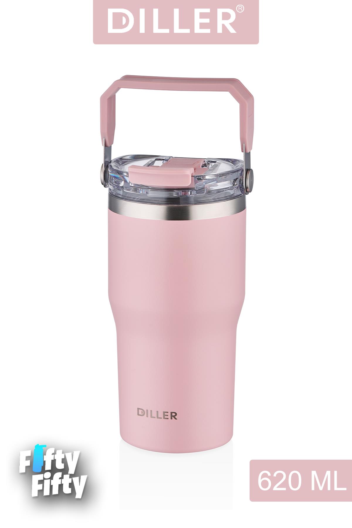 DILLER 620 ML Tek Kapak Çift Kullanım Pipetli/Pipetsiz Taşıma Kulplu Mug/Çelik Termos-FFDILLERD9168 - Pudra