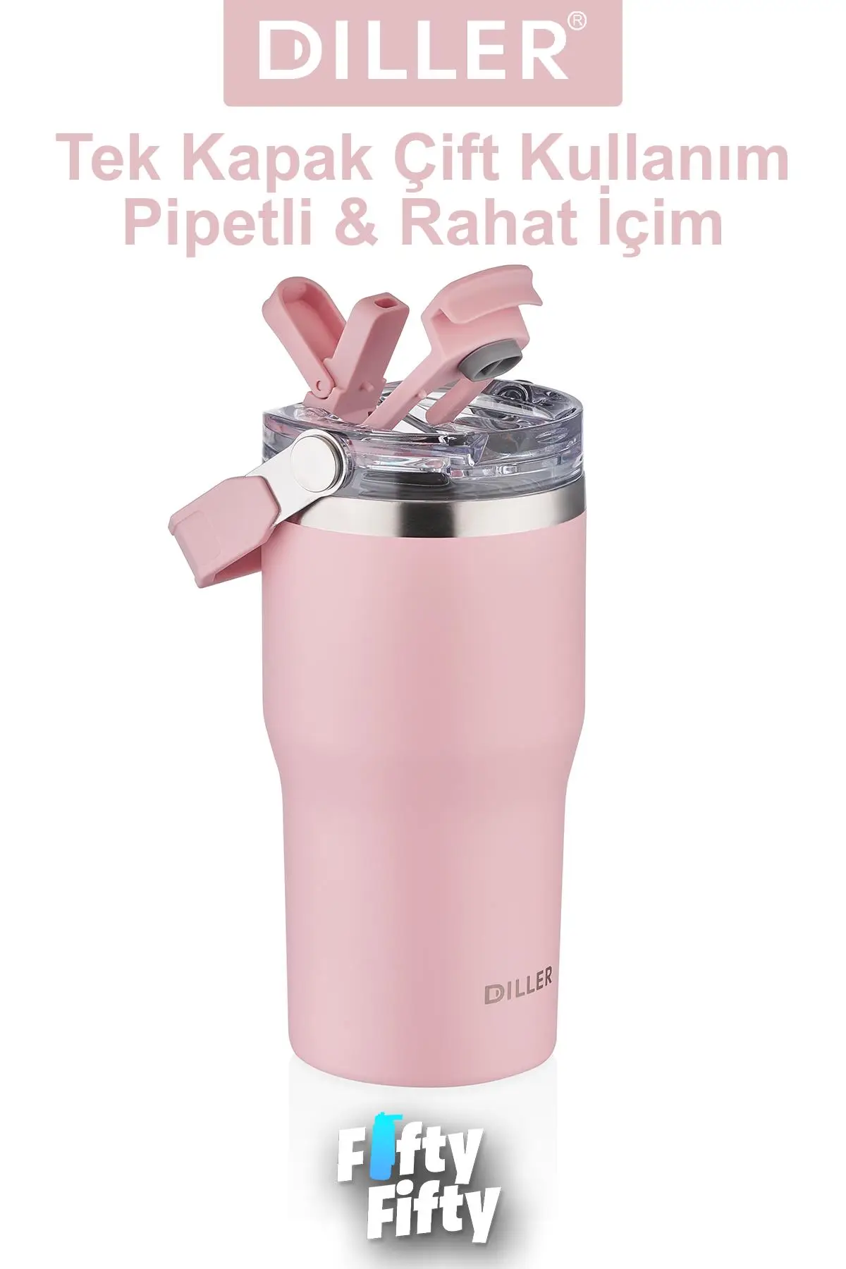 DILLER 620 ML Tek Kapak Çift Kullanım Pipetli/Pipetsiz Taşıma Kulplu Mug/Çelik Termos-FFDILLERD9168