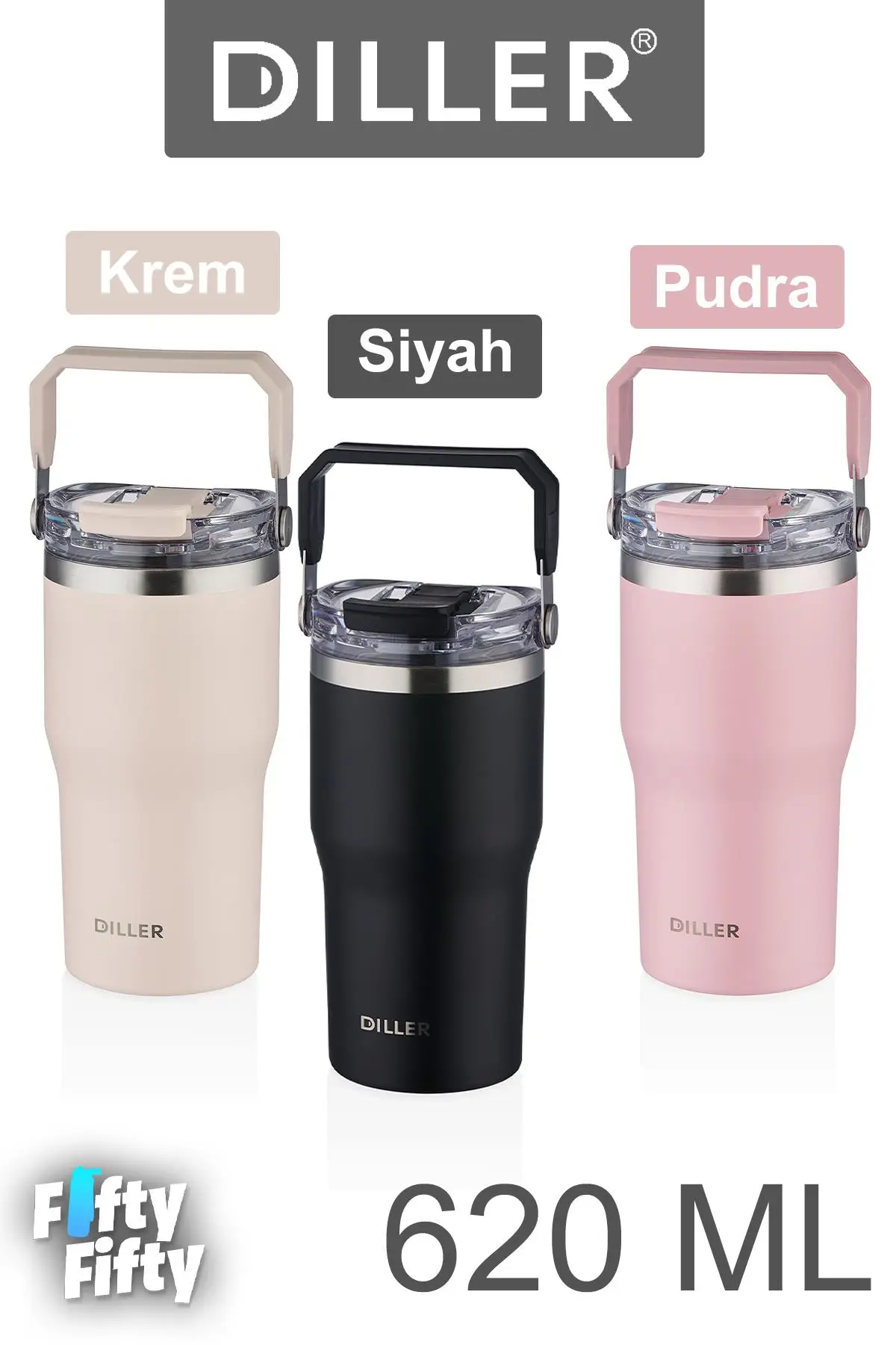 DILLER 620 ML Tek Kapak Çift Kullanım Pipetli/Pipetsiz Taşıma Kulplu Mug/Çelik Termos-FFDILLERD9168