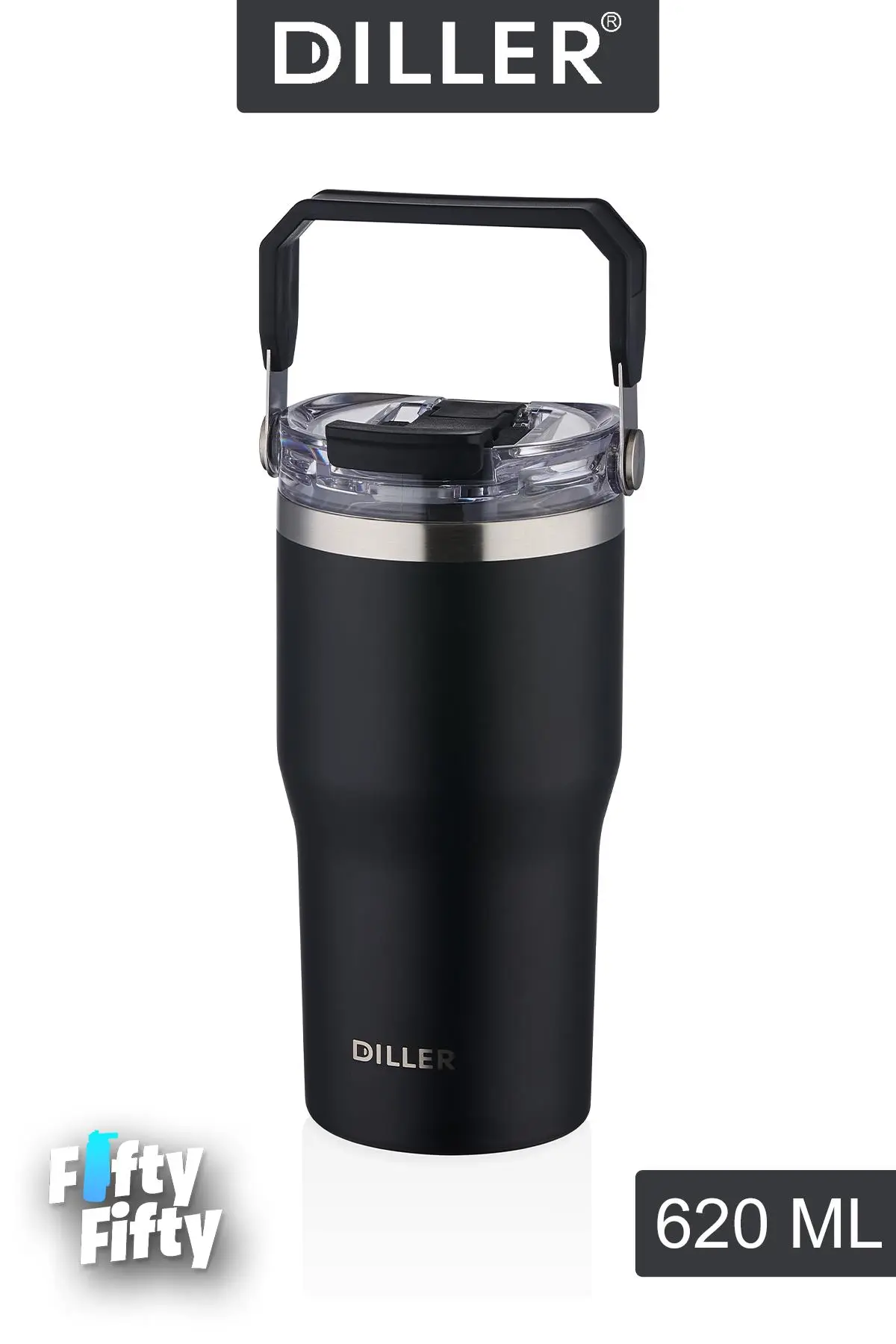 DILLER 620 ML Tek Kapak Çift Kullanım Pipetli/Pipetsiz Taşıma Kulplu Mug/Çelik Termos-FFDILLERD9168