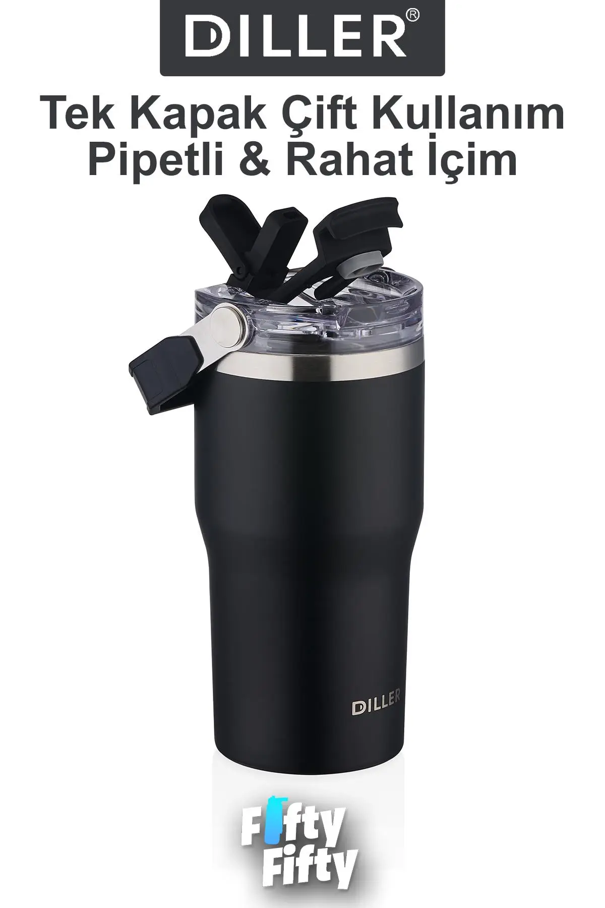 DILLER 620 ML Tek Kapak Çift Kullanım Pipetli/Pipetsiz Taşıma Kulplu Mug/Çelik Termos-FFDILLERD9168