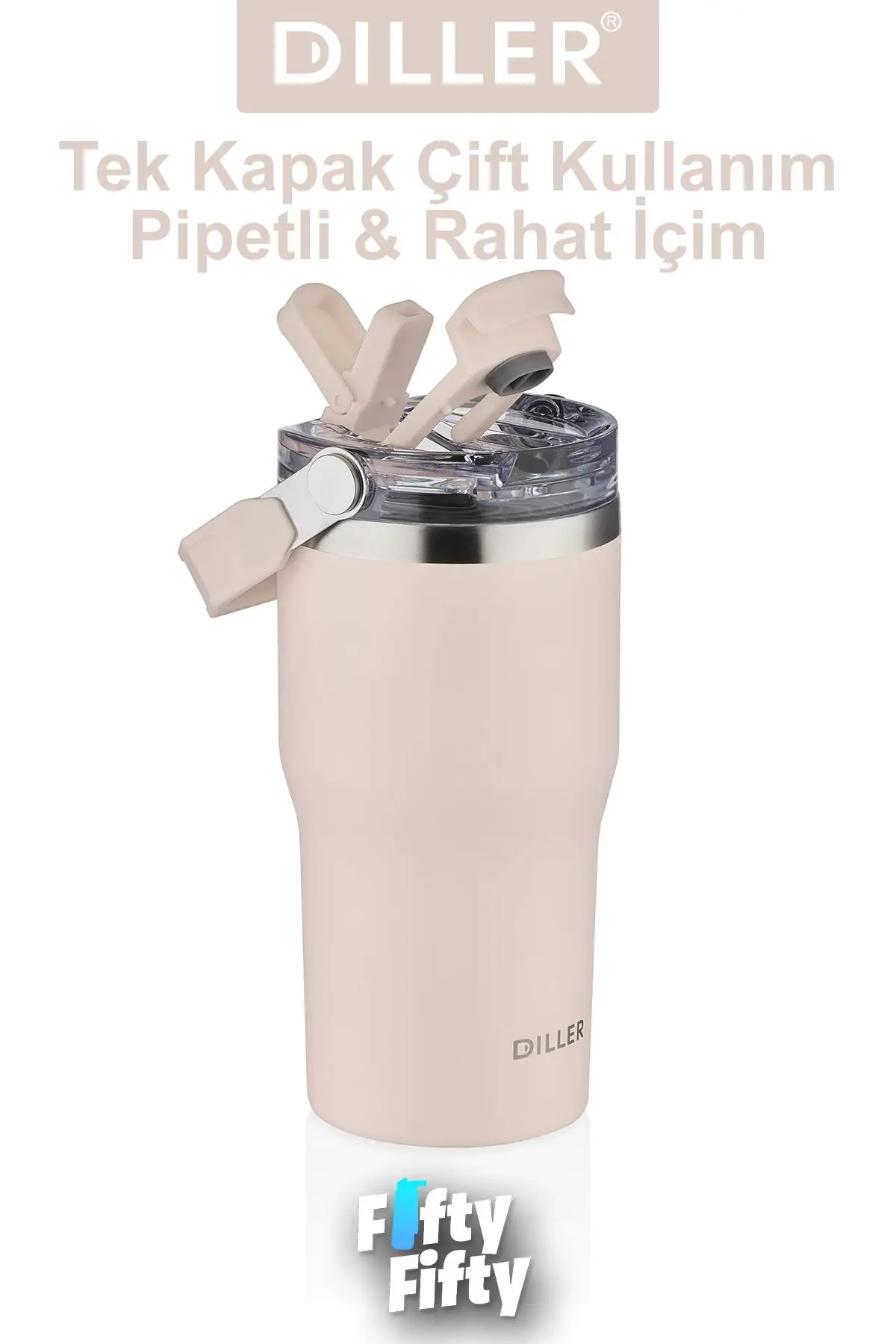 DILLER 620 ML Tek Kapak Çift Kullanım Pipetli/Pipetsiz Taşıma Kulplu Mug/Çelik Termos-FFDILLERD9168