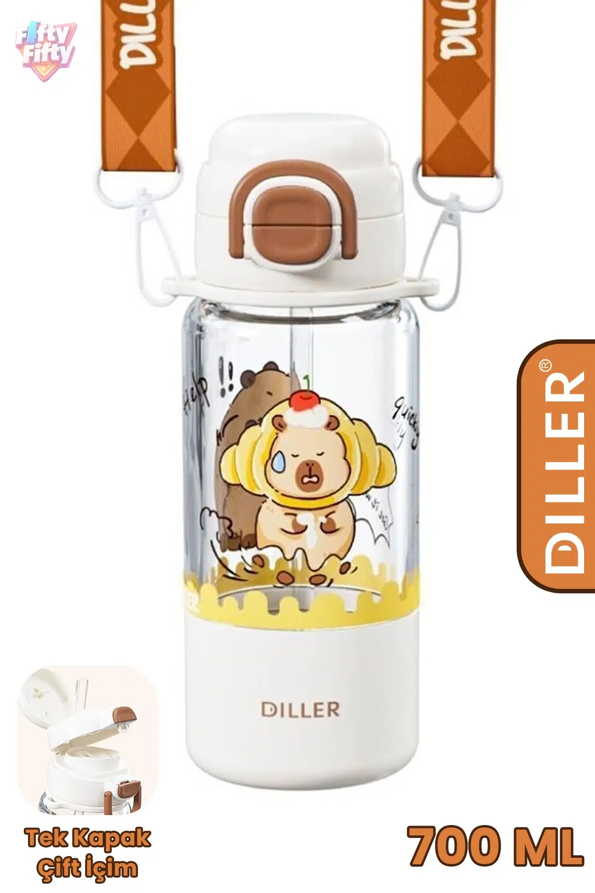 DILLER 700 ML Pipetli & Rahat İçim Çift Kullanım Tritan Su matarası Askılı Bardaklı Suluk D2560