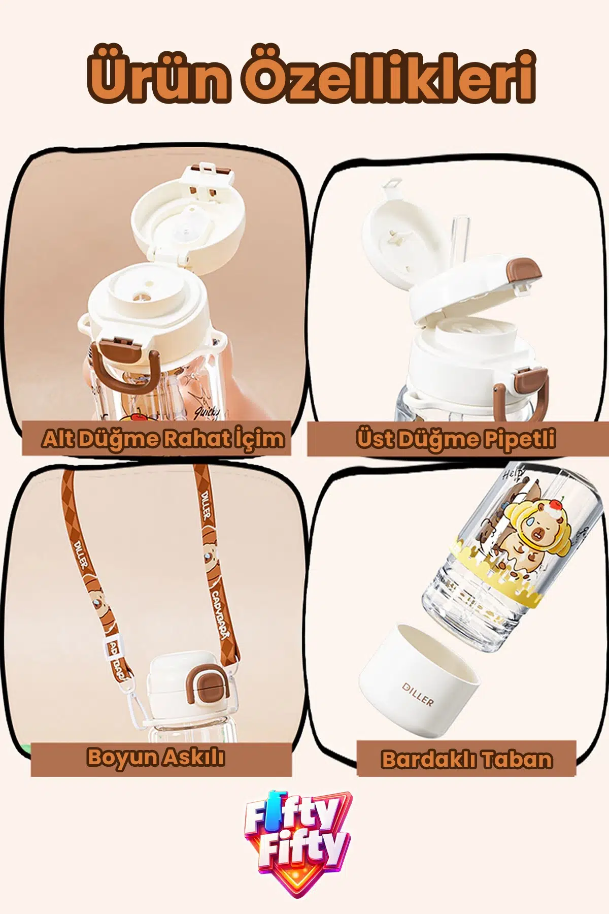 DILLER 700 ML Pipetli & Rahat İçim Çift Kullanım Tritan Su matarası Askılı Bardaklı Suluk D2560