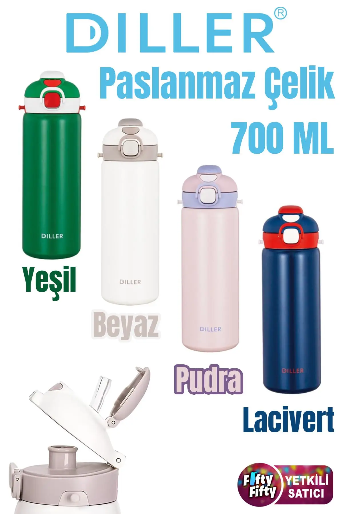 DILLER 700ml Tek Kapak Çift Kullanım Pipetli/Pipetsiz Askılı Çelik Su Matarası 6 saat sıcak/soğuk