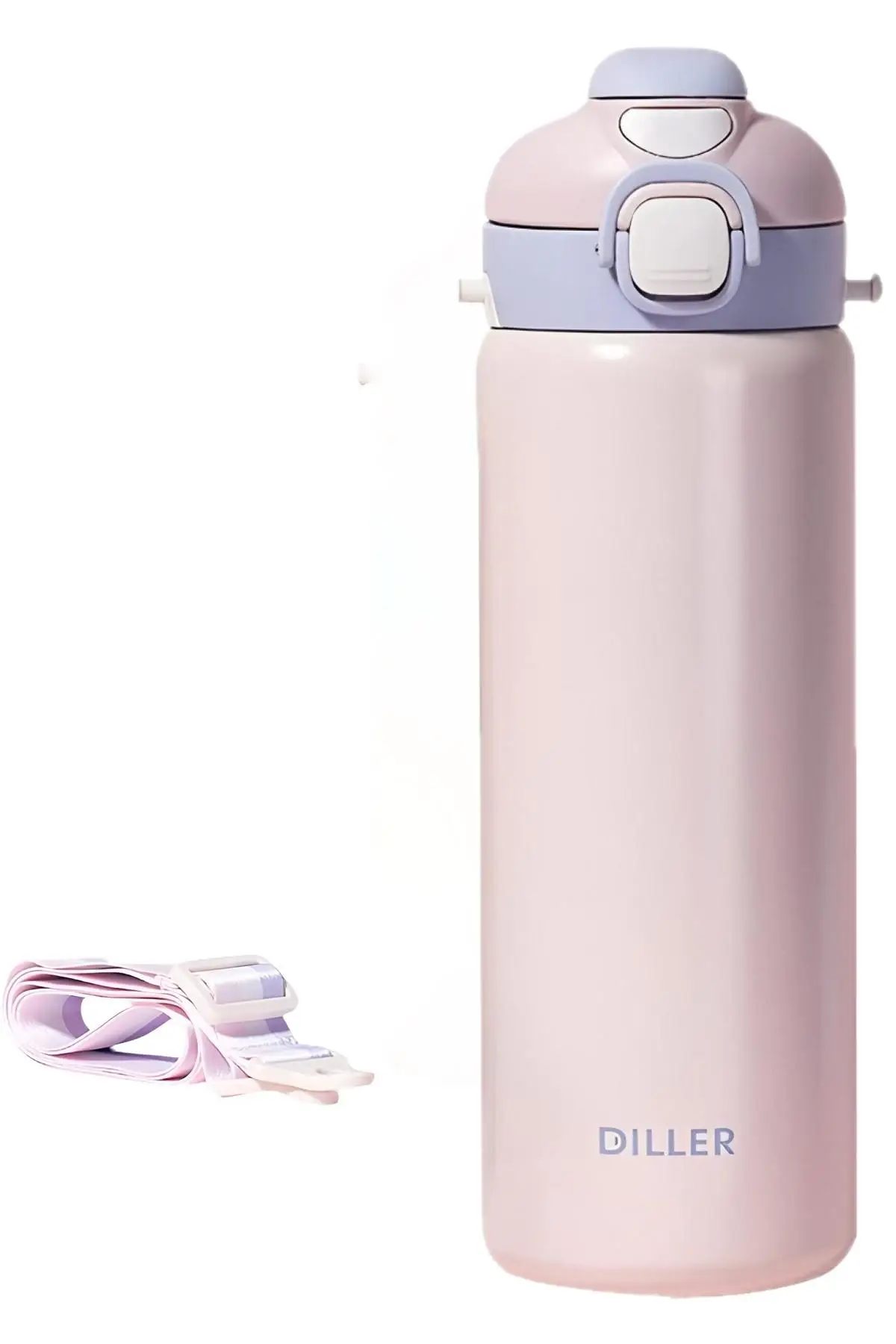 DILLER 700ml Tek Kapak Çift Kullanım Pipetli/Pipetsiz Askılı Çelik Su Matarası 6 saat sıcak/soğuk - Pudra
