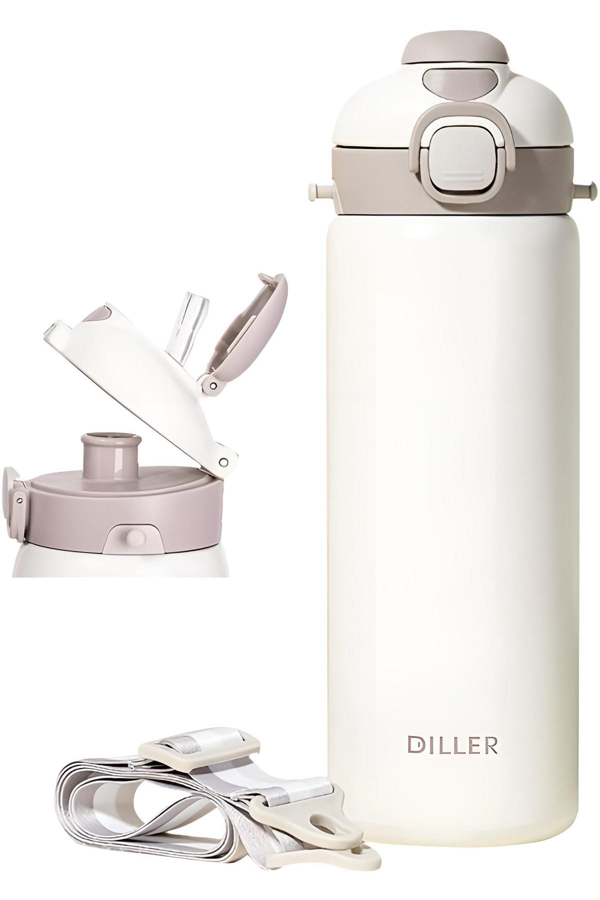 DILLER 700ml Tek Kapak Çift Kullanım Pipetli/Pipetsiz Askılı Çelik Su Matarası 6 saat sıcak/soğuk - Beyaz