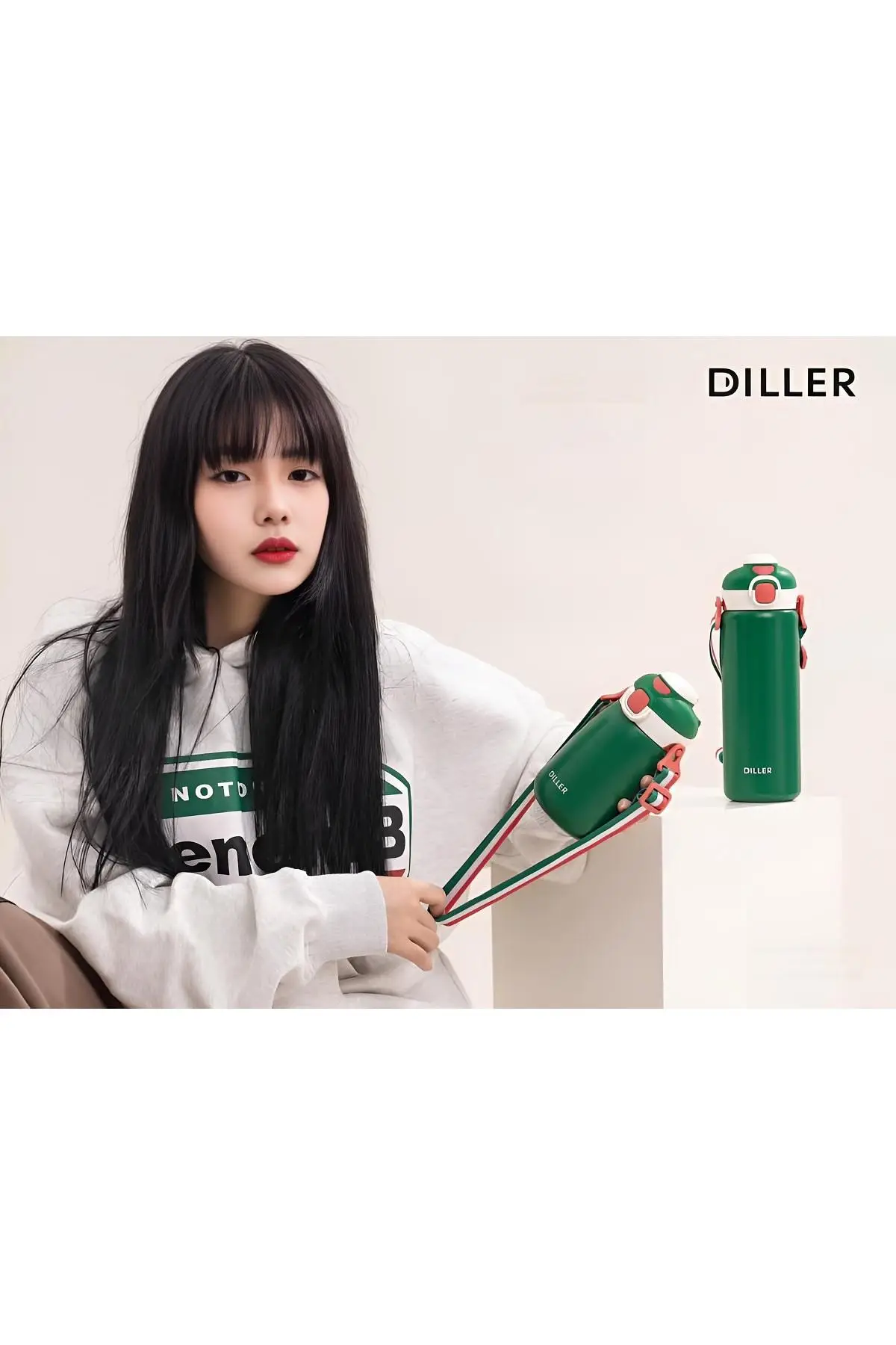 DILLER 700ml Tek Kapak Çift Kullanım Pipetli/Pipetsiz Askılı Çelik Su Matarası 6 saat sıcak/soğuk