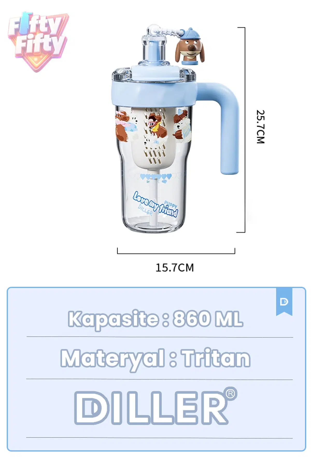 DILLER 860 ML Pipetli & Rahat İçim Çift Kullanım Tritan Su matarası Suluk -FFD860ML3RENK