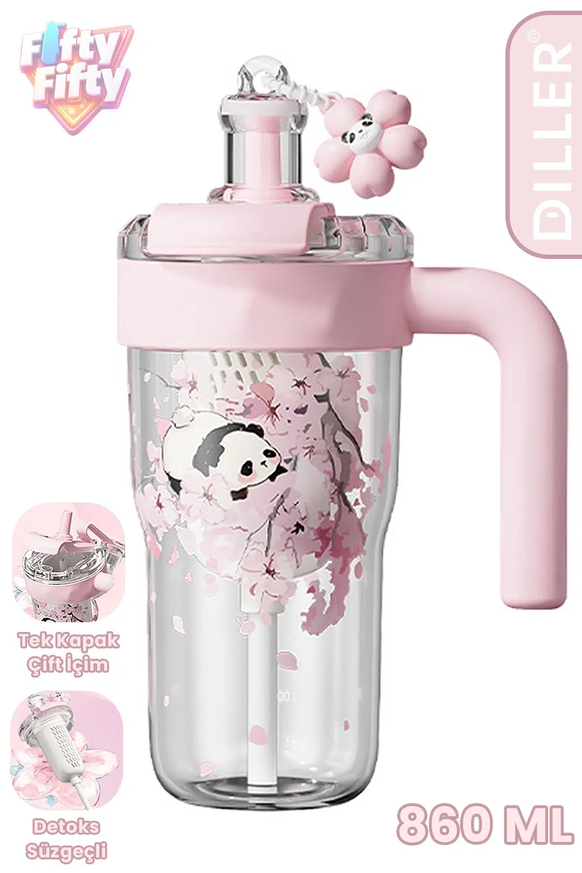 DILLER 860 ML Pipetli & Rahat İçim Çift Kullanım Tritan Su matarası Suluk -FFD860ML3RENK - Pembe