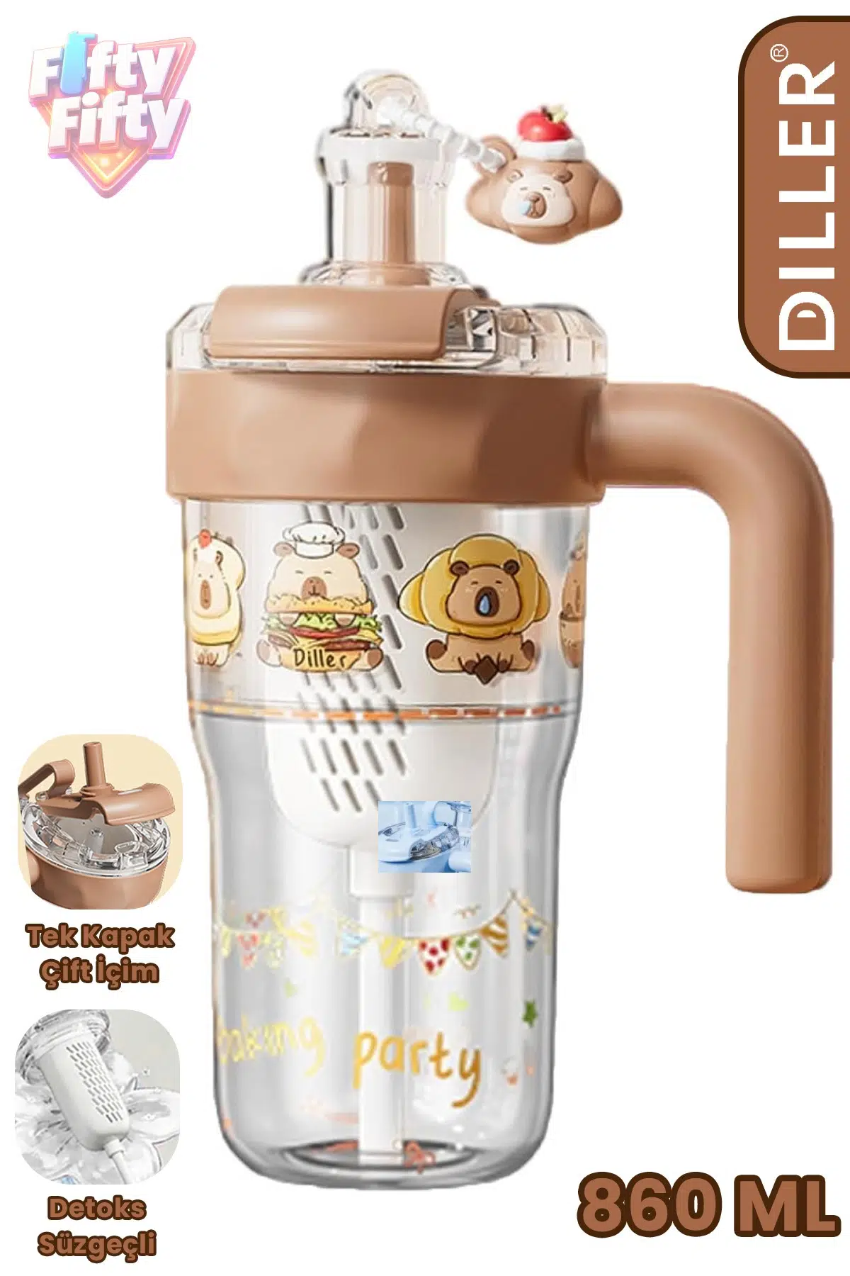 DILLER 860 ML Pipetli & Rahat İçim Çift Kullanım Tritan Su matarası Suluk -FFD860ML3RENK