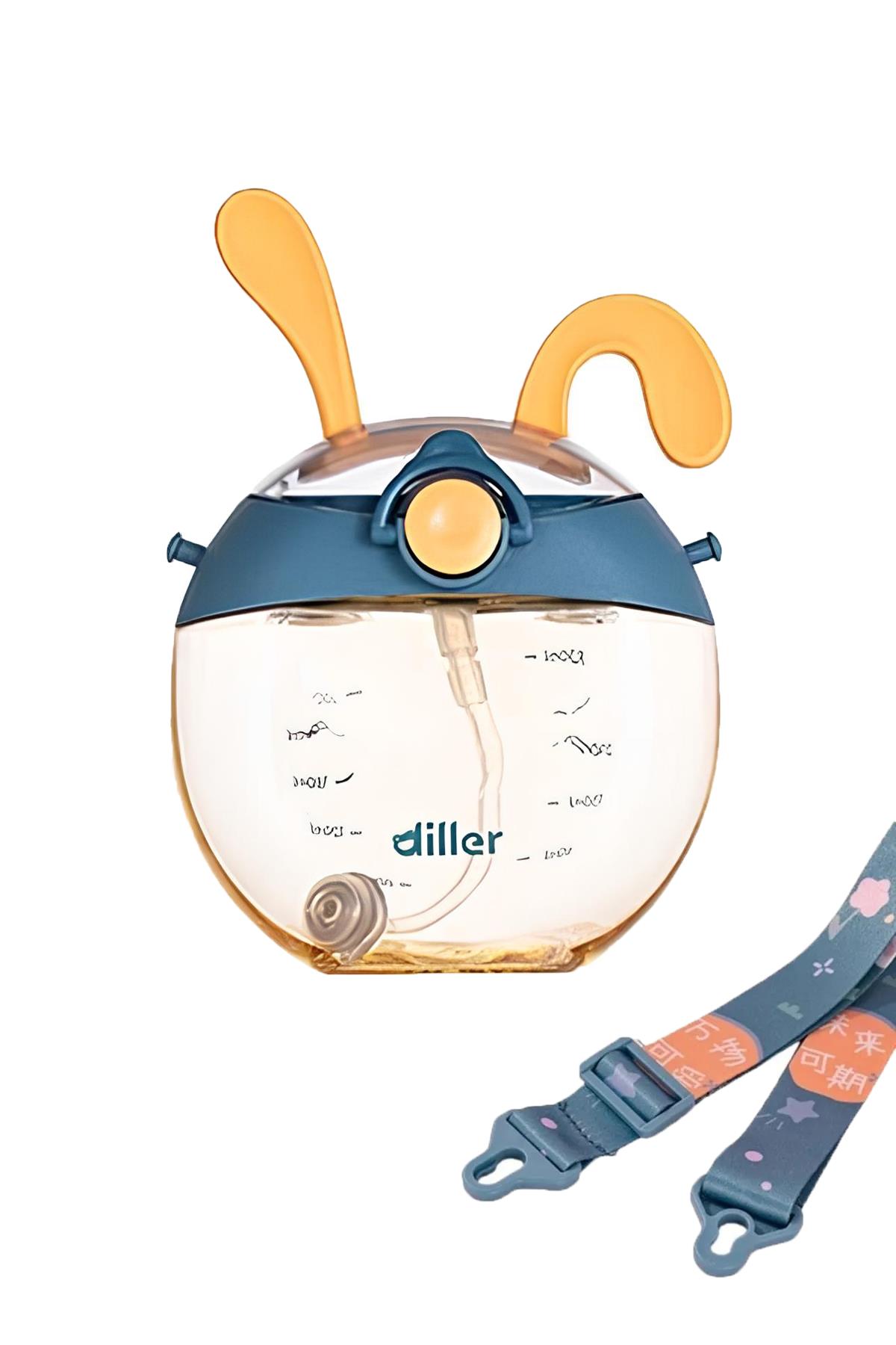 DILLER Pipetli 330 ml Boyun Askılı Çocuk Su Matarası - Mavi