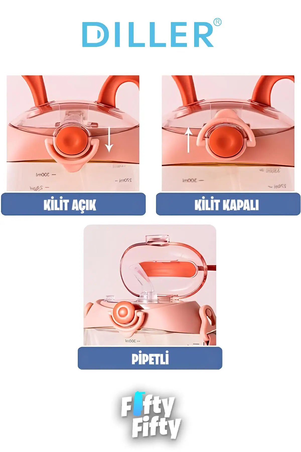 DILLER Pipetli 330 ml Boyun Askılı Çocuk Su Matarası