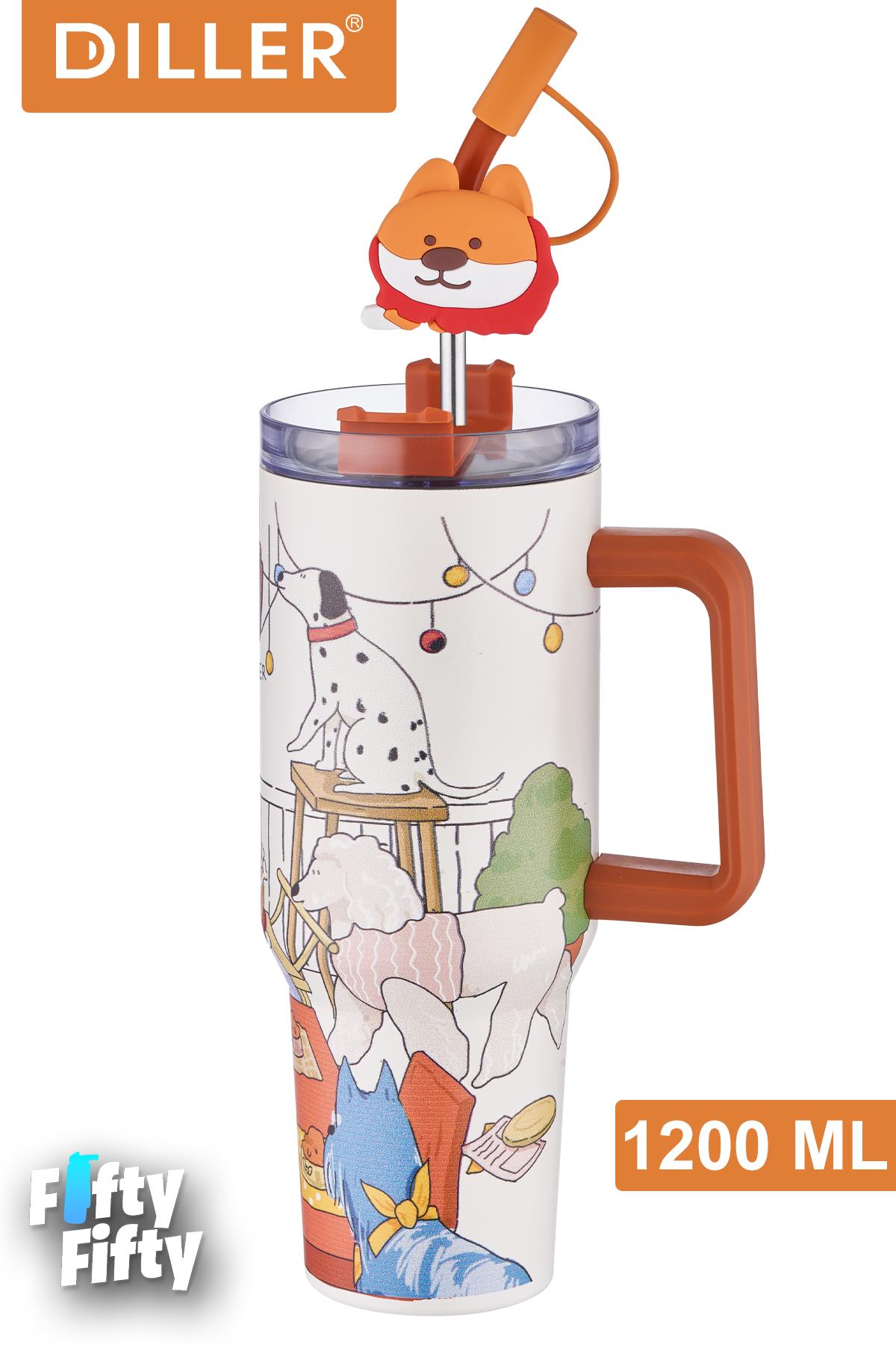 DILLER Quencher Cup 1200 ML Pipetli/Rahat İçim Kulplu Paslanmaz Çelik Termos -FFDILLERD9222