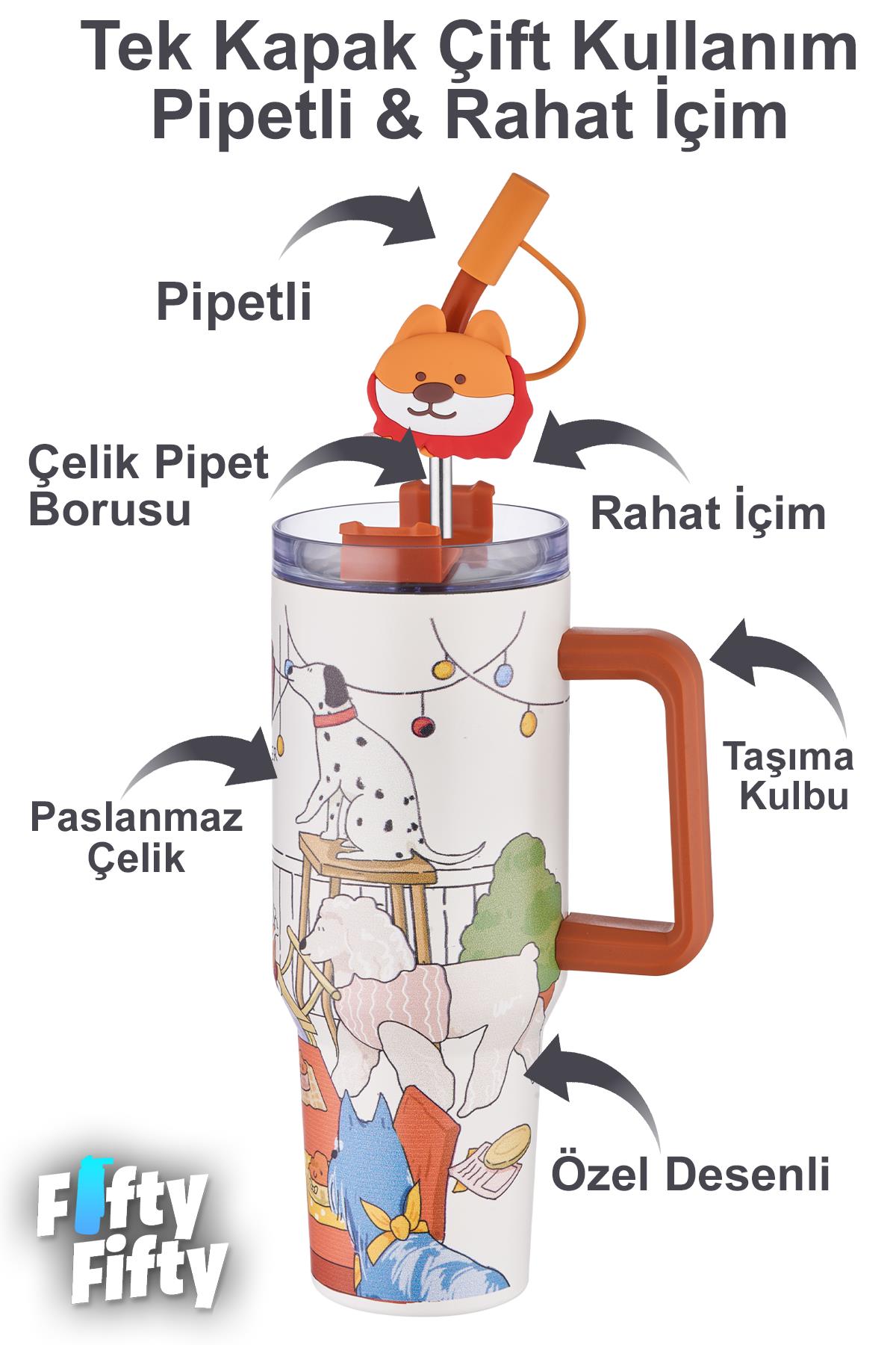 DILLER Quencher Cup 1200 ML Pipetli/Rahat İçim Kulplu Paslanmaz Çelik Termos -FFDILLERD9222