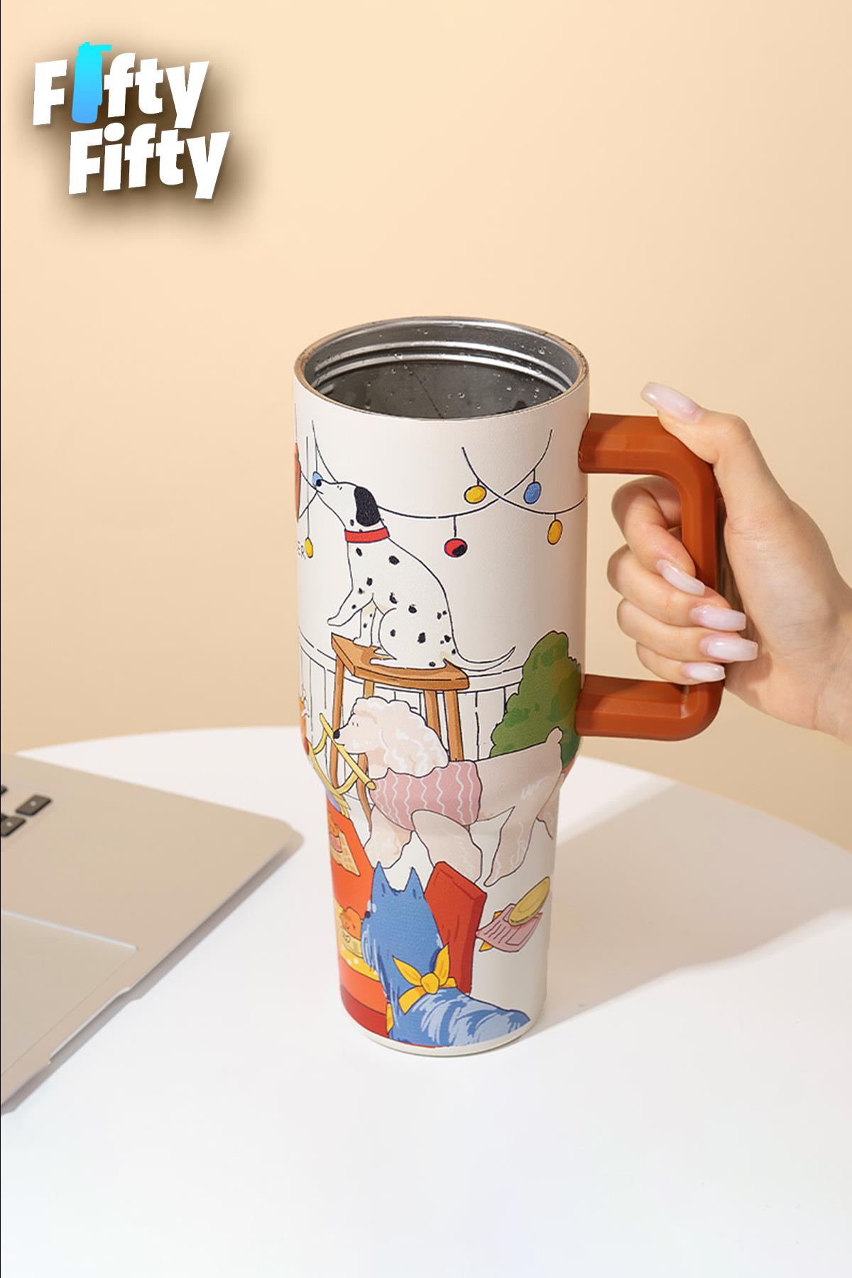 DILLER Quencher Cup 1200 ML Pipetli/Rahat İçim Kulplu Paslanmaz Çelik Termos -FFDILLERD9222