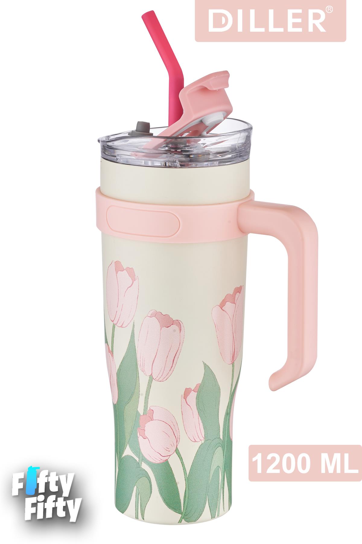 DILLER Quencher Cup 1200 ML Pipetli/Rahat İçim Kulplu Paslanmaz Çelik Termos -FFDILLERD9120