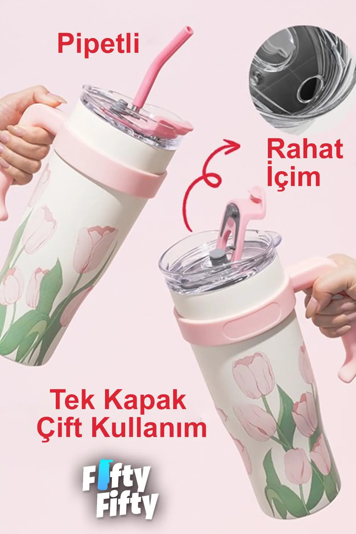 DILLER Quencher Cup 1200 ML Pipetli/Rahat İçim Kulplu Paslanmaz Çelik Termos -FFDILLERD9120
