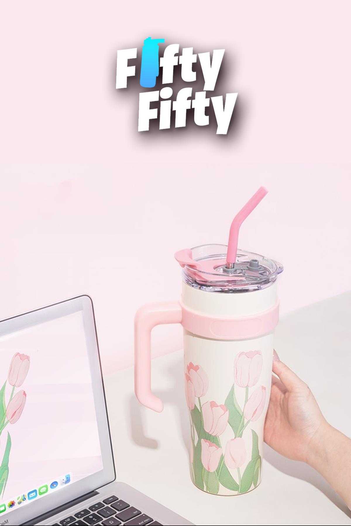 DILLER Quencher Cup 1200 ML Pipetli/Rahat İçim Kulplu Paslanmaz Çelik Termos -FFDILLERD9120
