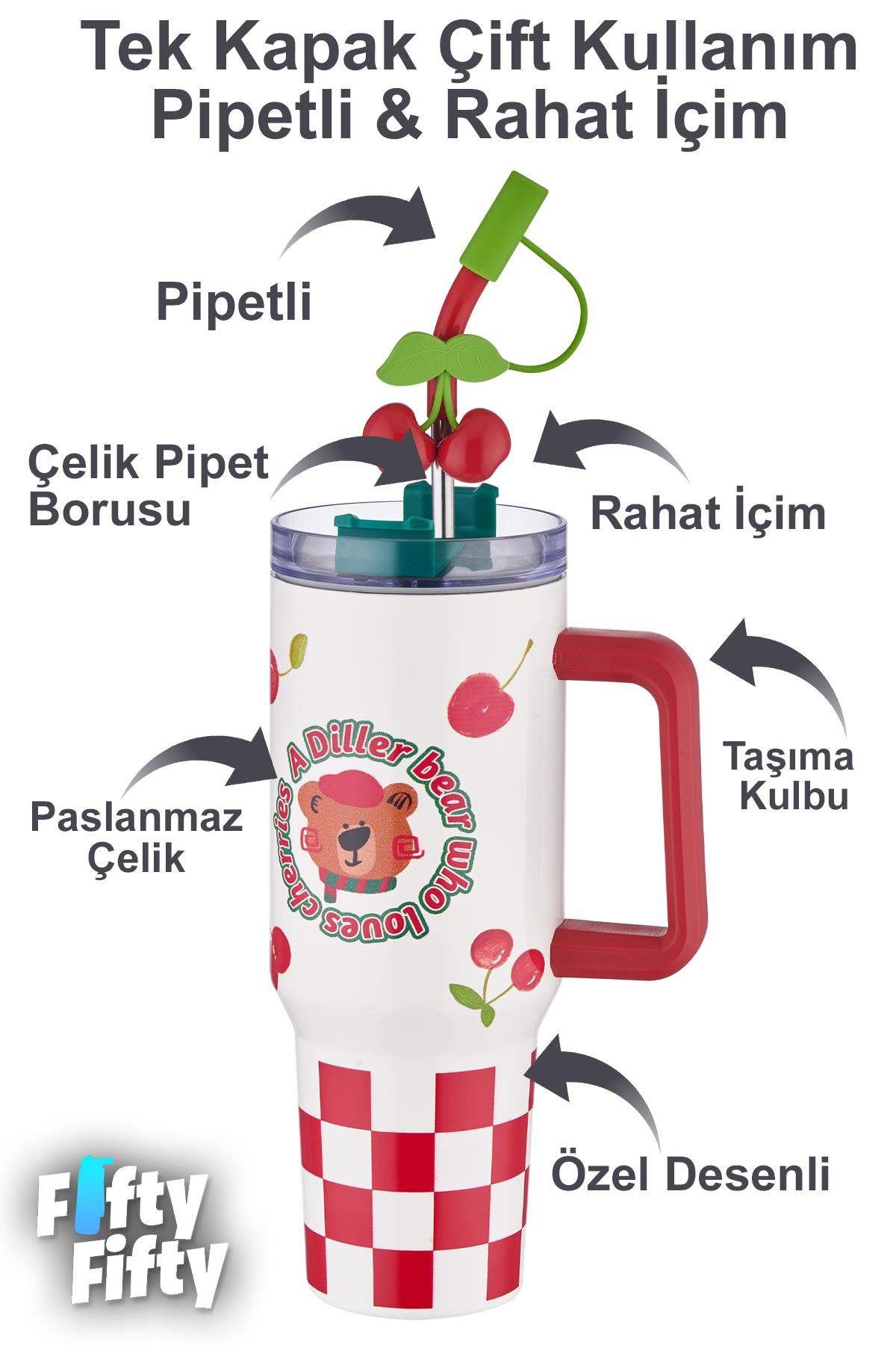 DILLER Quencher Cup 1200 ML Pipetli/Rahat İçim Kulplu Paslanmaz Çelik Termos -FFDILLERD9221
