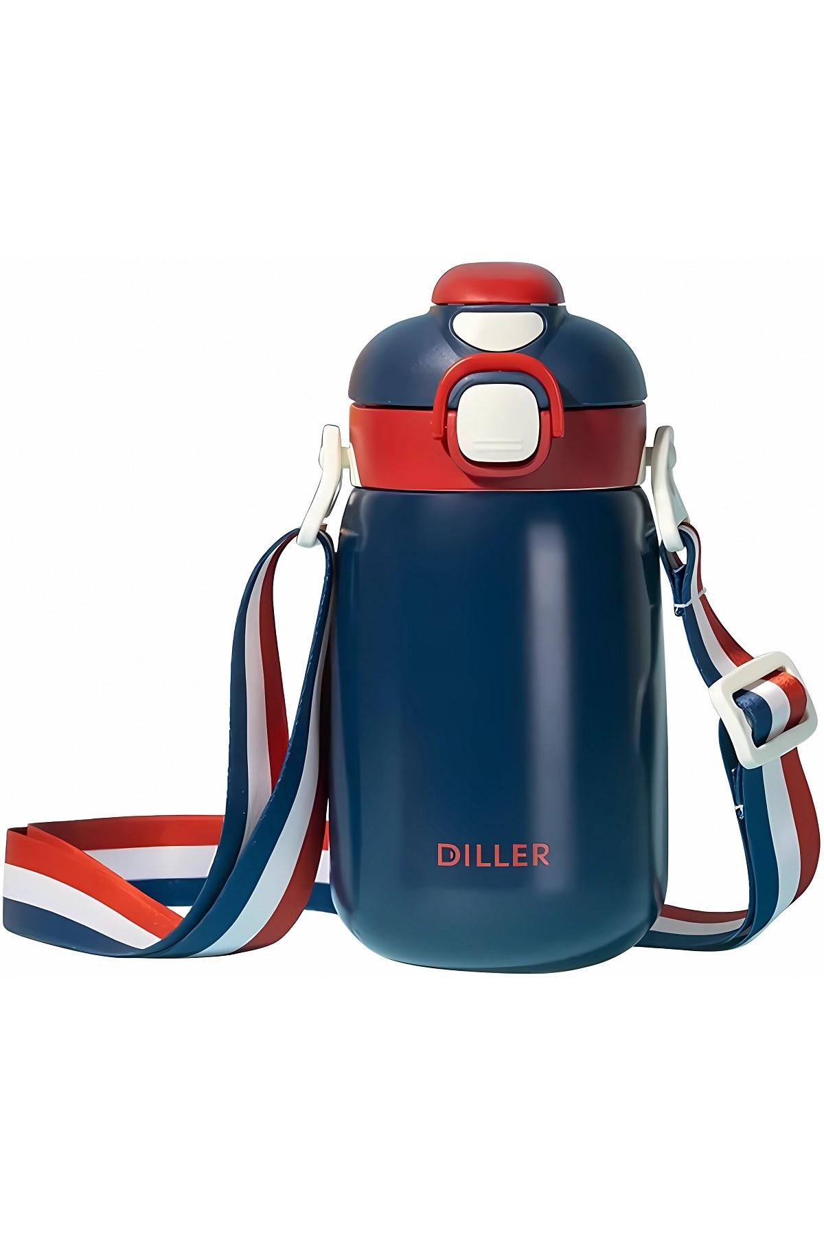 DILLER Tek Kapak Çift Kullanım Pipetli/Pipetsiz 420ml Askılı Çelik Su Matarası 6 saat sıcak/soğuk - Lacivert