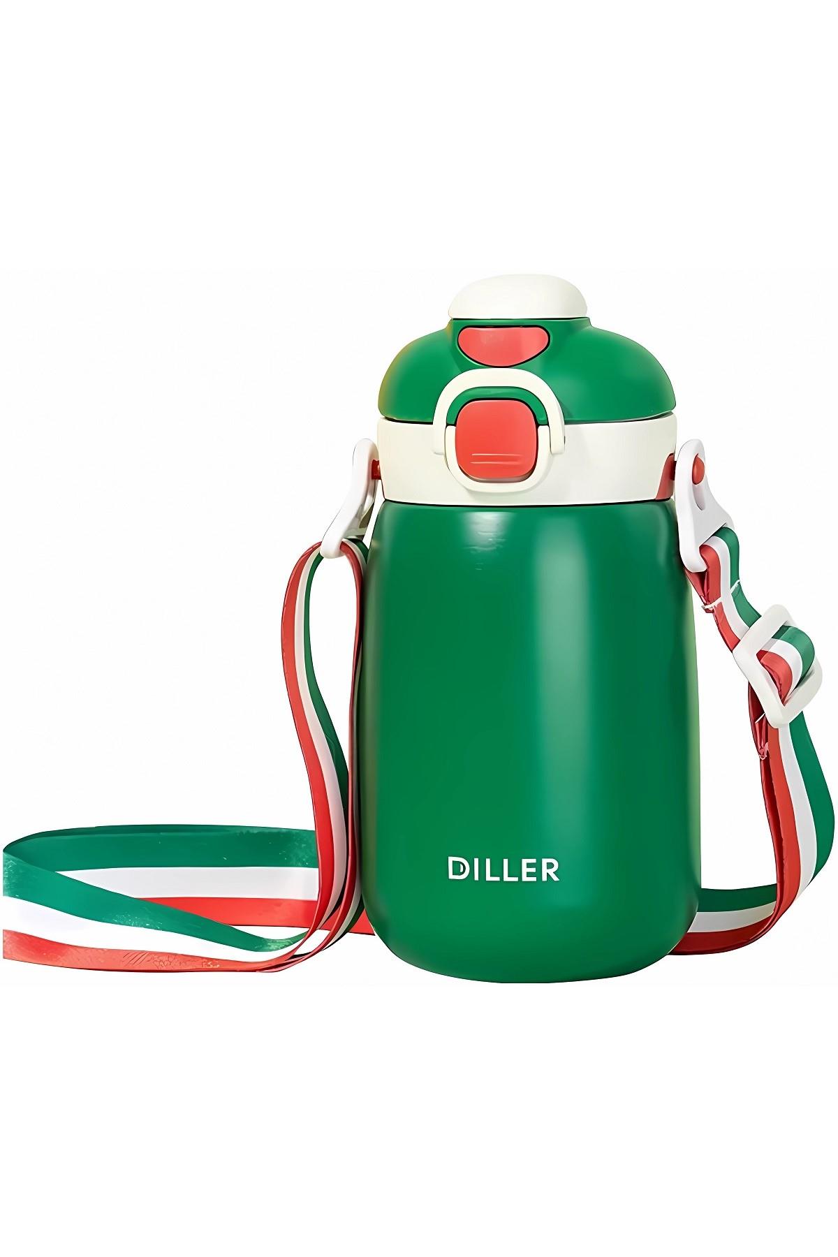 DILLER Tek Kapak Çift Kullanım Pipetli/Pipetsiz 420ml Askılı Çelik Su Matarası 6 saat sıcak/soğuk - Yeşil
