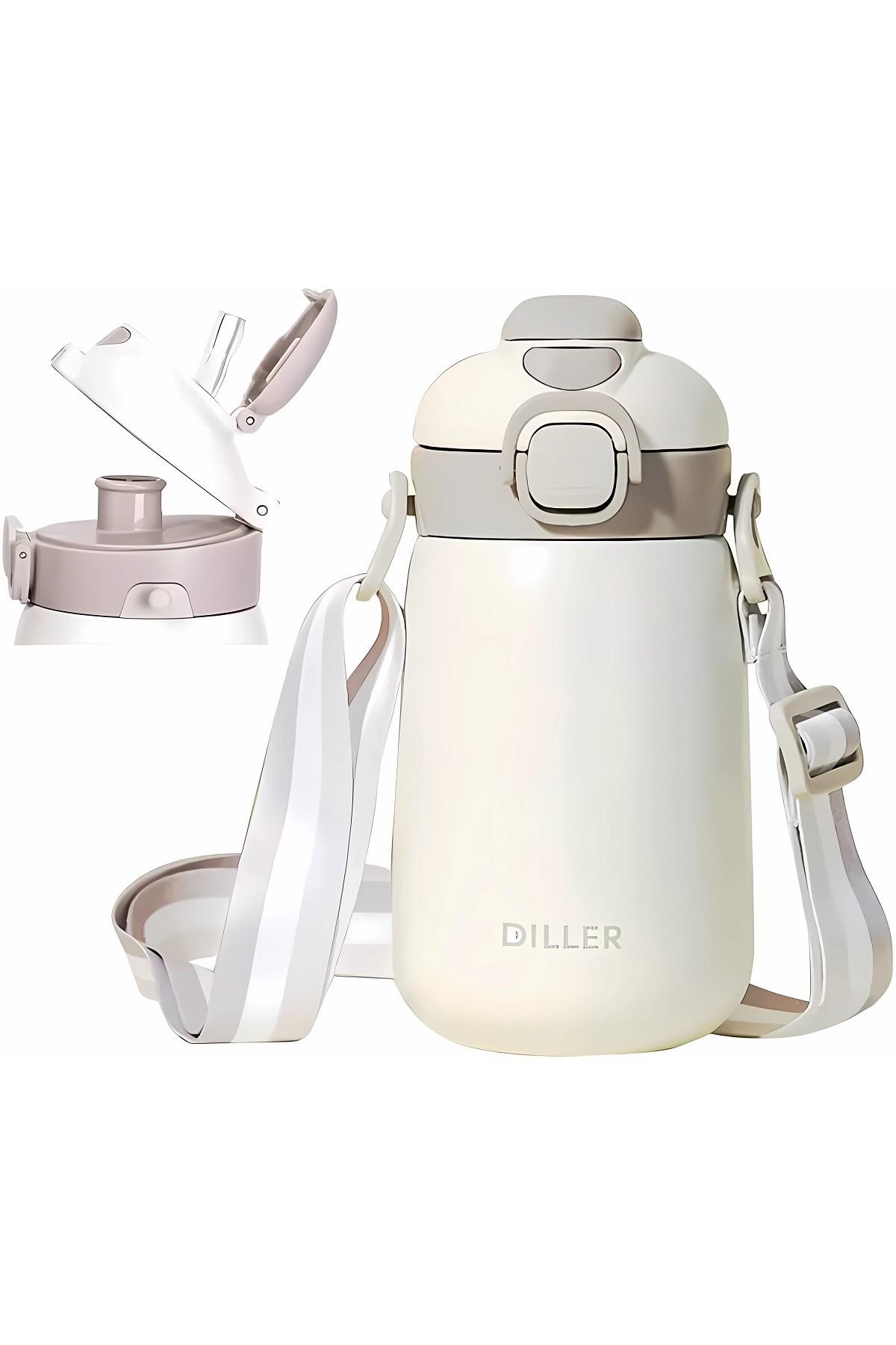 DILLER Tek Kapak Çift Kullanım Pipetli/Pipetsiz 420ml Askılı Çelik Su Matarası 6 saat sıcak/soğuk - Beyaz